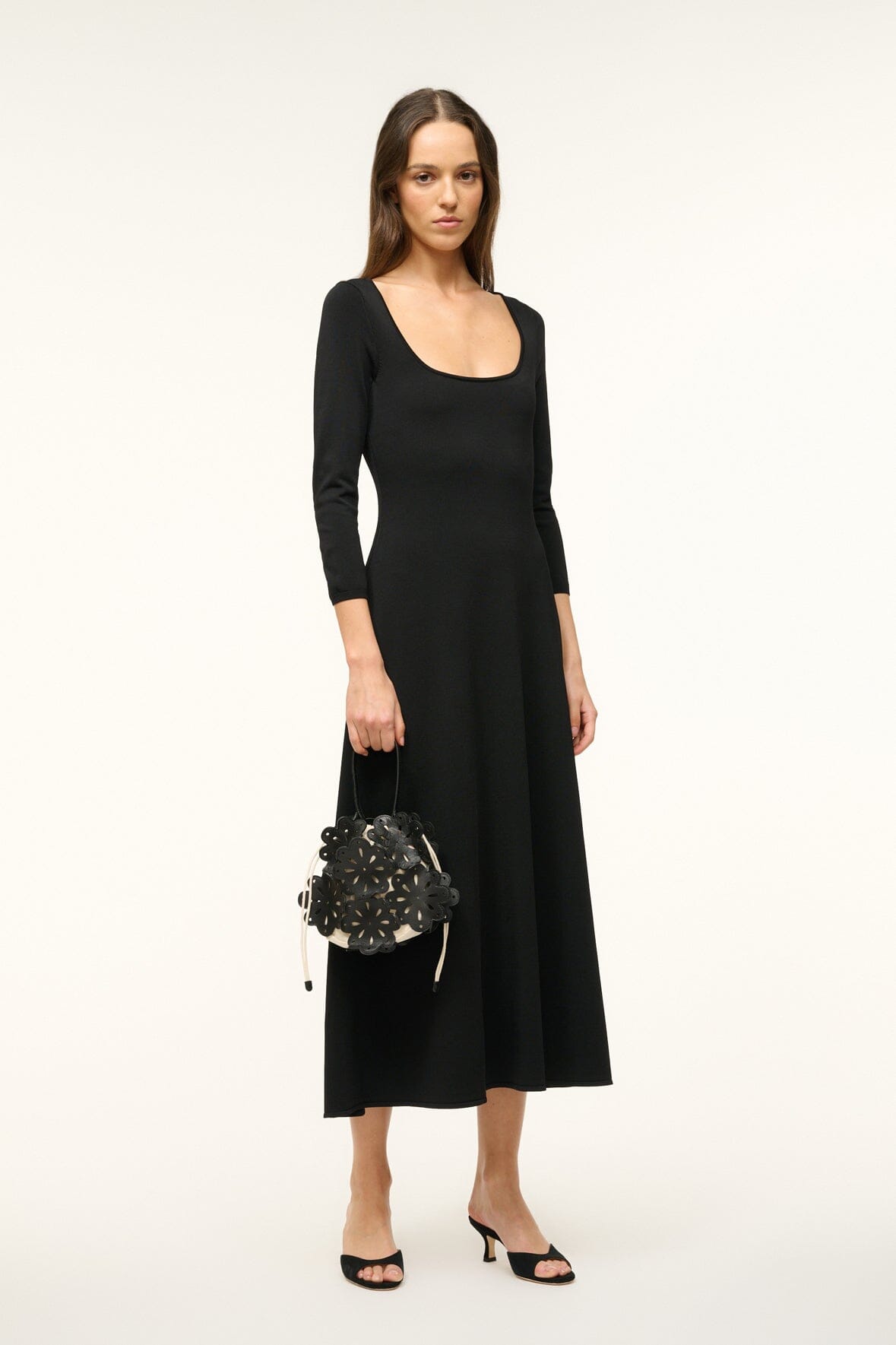 Douvres Black A-Line Midi Dress with 3/4 Sleeves