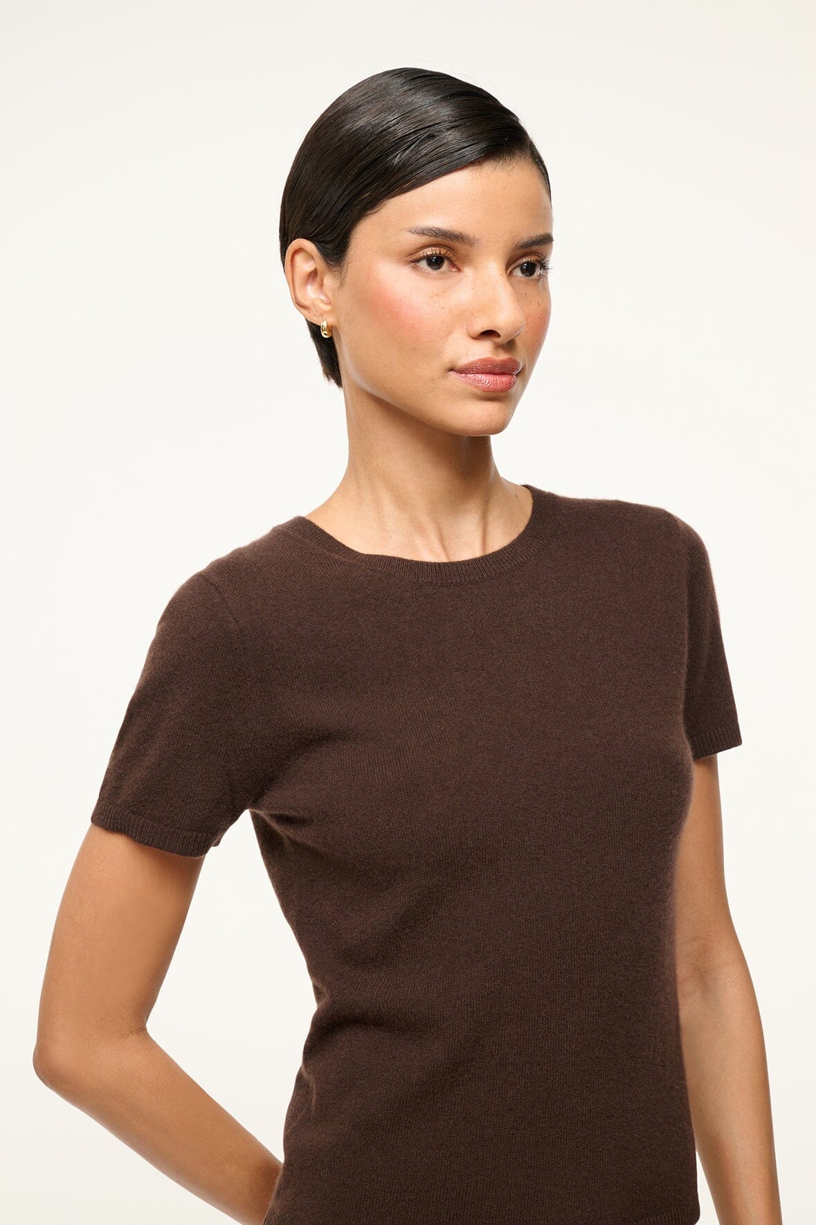 Women's Dark Chocolate Cashmere Tee – Soft Short Sleeve Crewneck Top