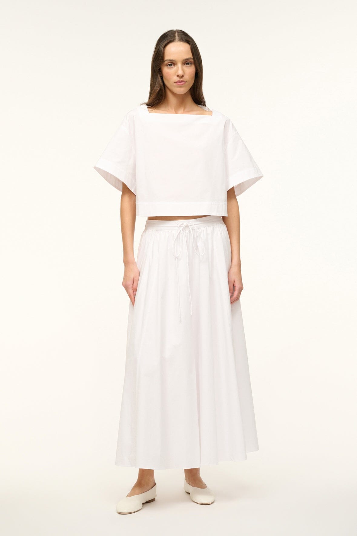 Eden White Poplin Midi Skirt with Adjustable Waistband