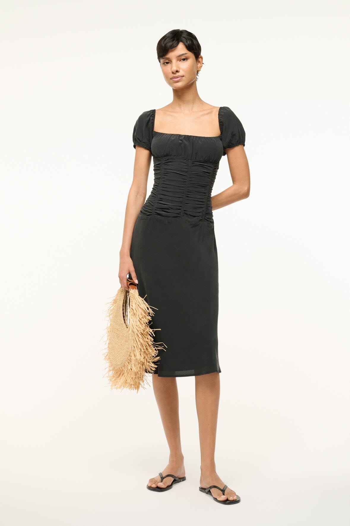 Elba Black Silk Midi Dress with Corset Seaming