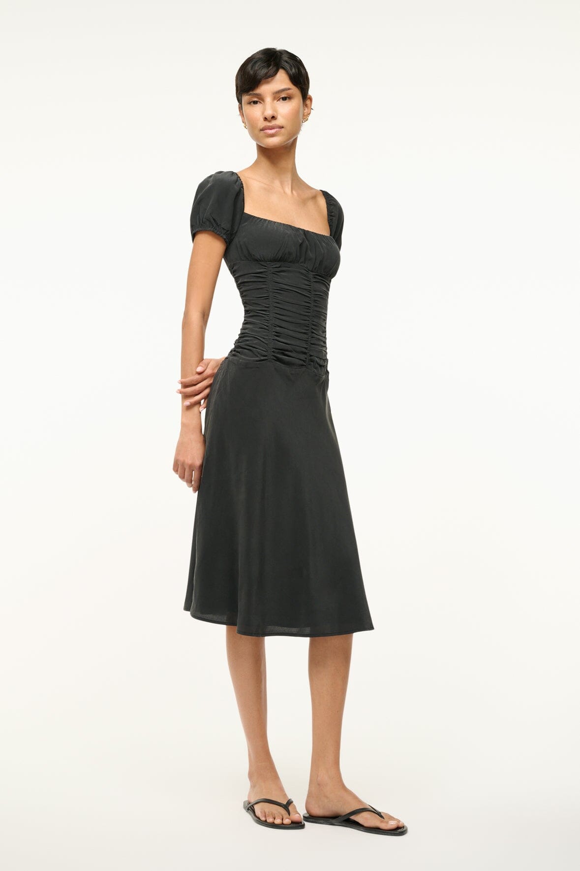 Elba Black Silk Midi Dress with Corset Seaming