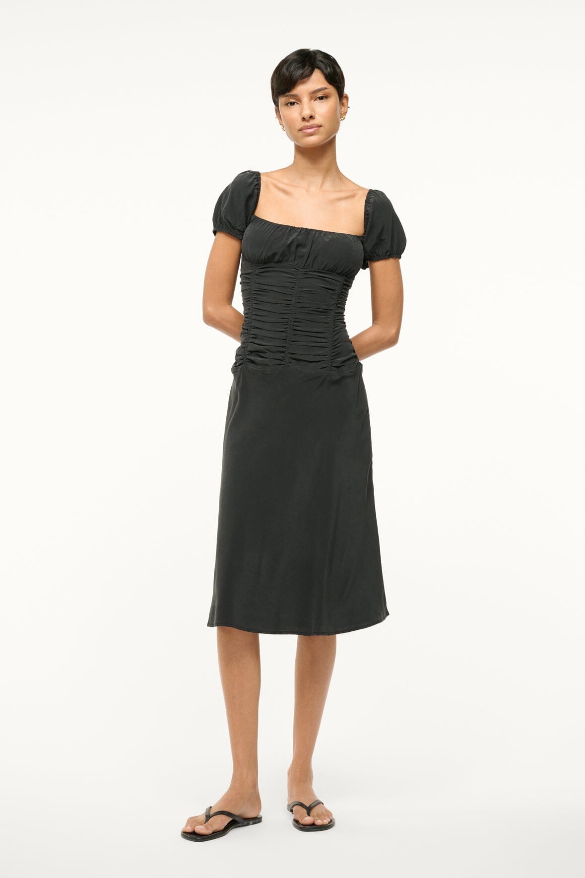 Elba Black Silk Midi Dress with Corset Seaming