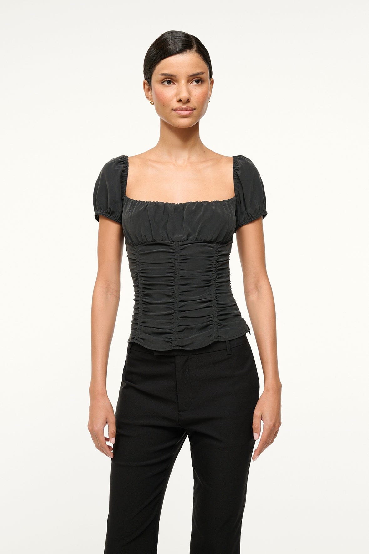 Elba Black Silk Blouse with Corset Waist Detail