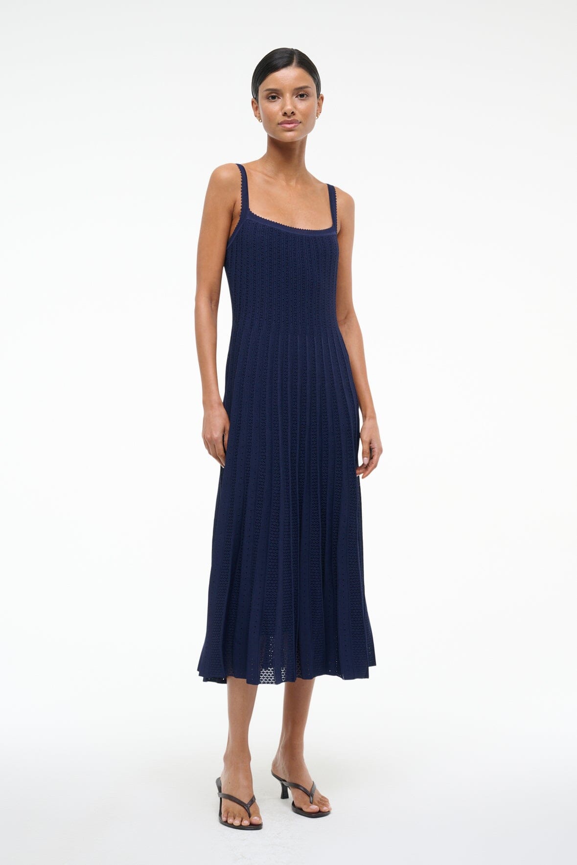 Ellen Square Neck Pleated Knit Dress in Navy | Stretchy Pointelle Fabric