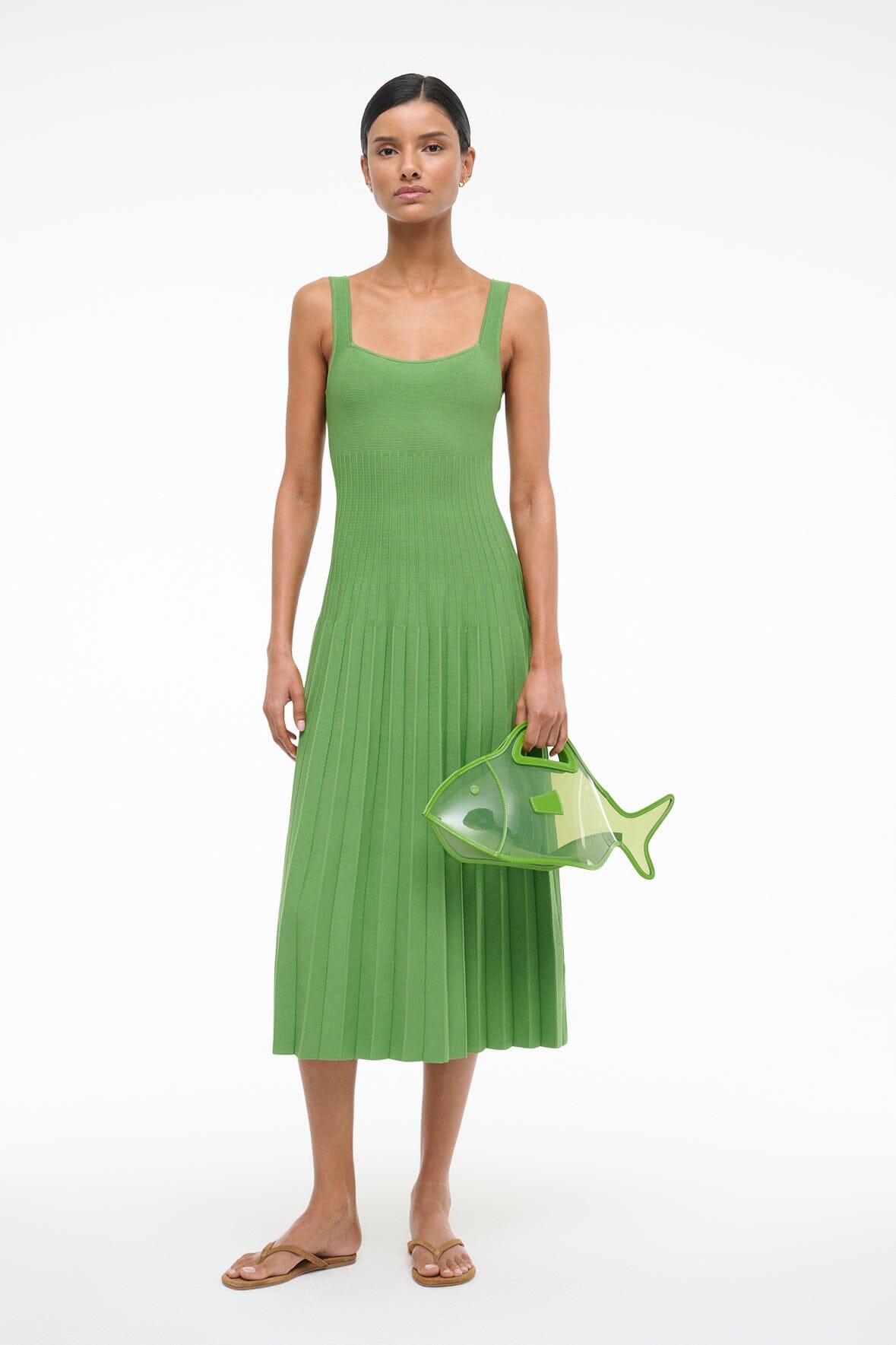 Ellison Square Neck Leaf Print Dress with Ottoman Stitch Waist