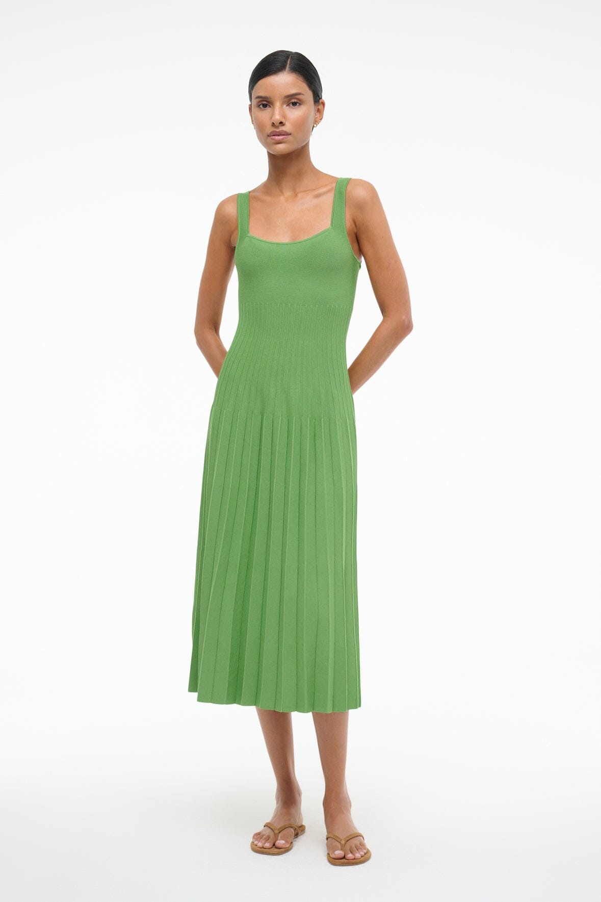 Ellison Square Neck Leaf Print Dress with Ottoman Stitch Waist