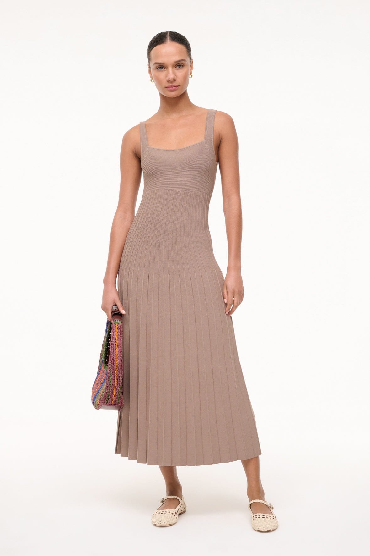 Ellison Square Neck Taupe Dress with Ottoman Stitch Detail