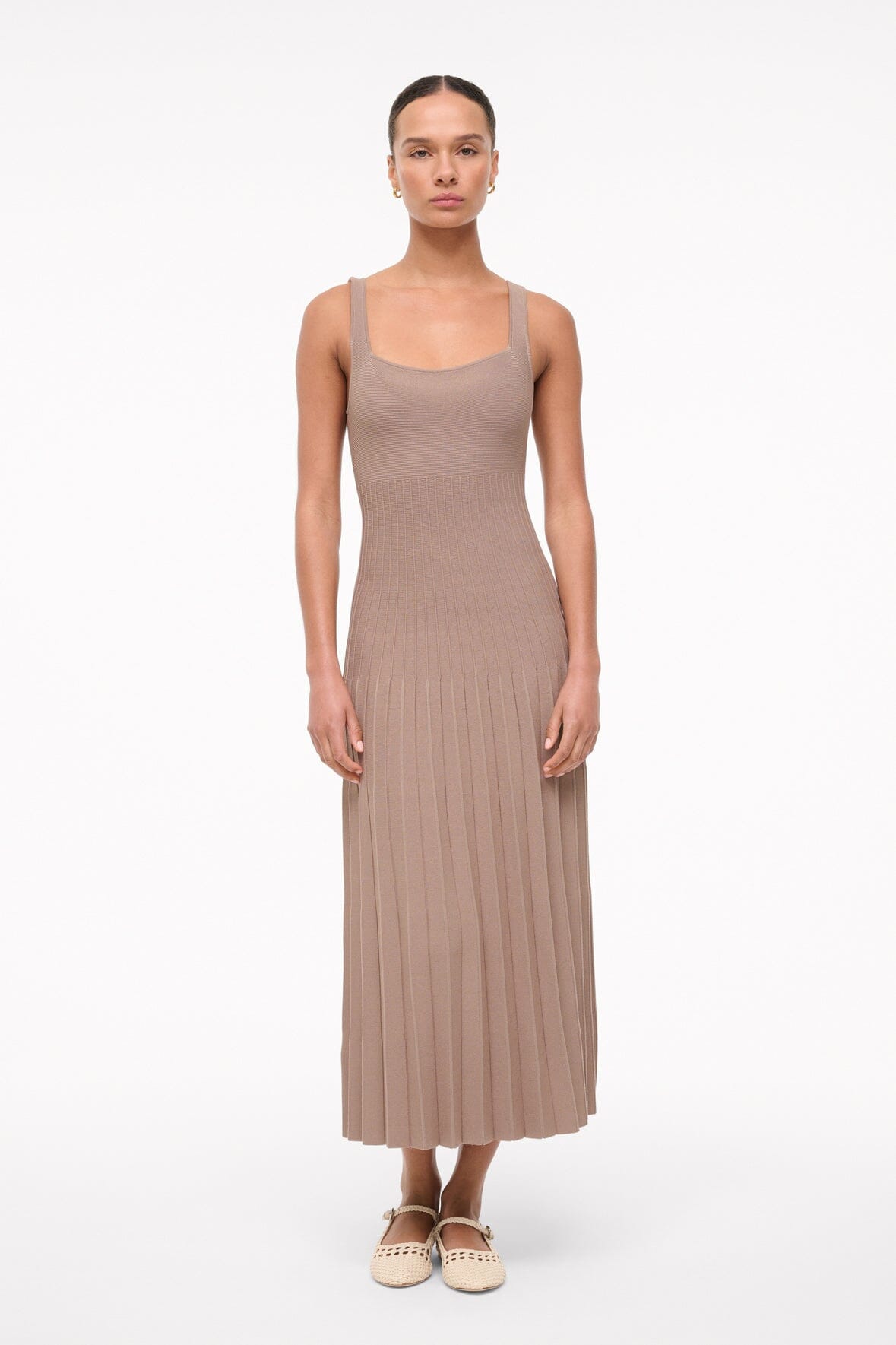 Ellison Square Neck Taupe Dress with Ottoman Stitch Detail
