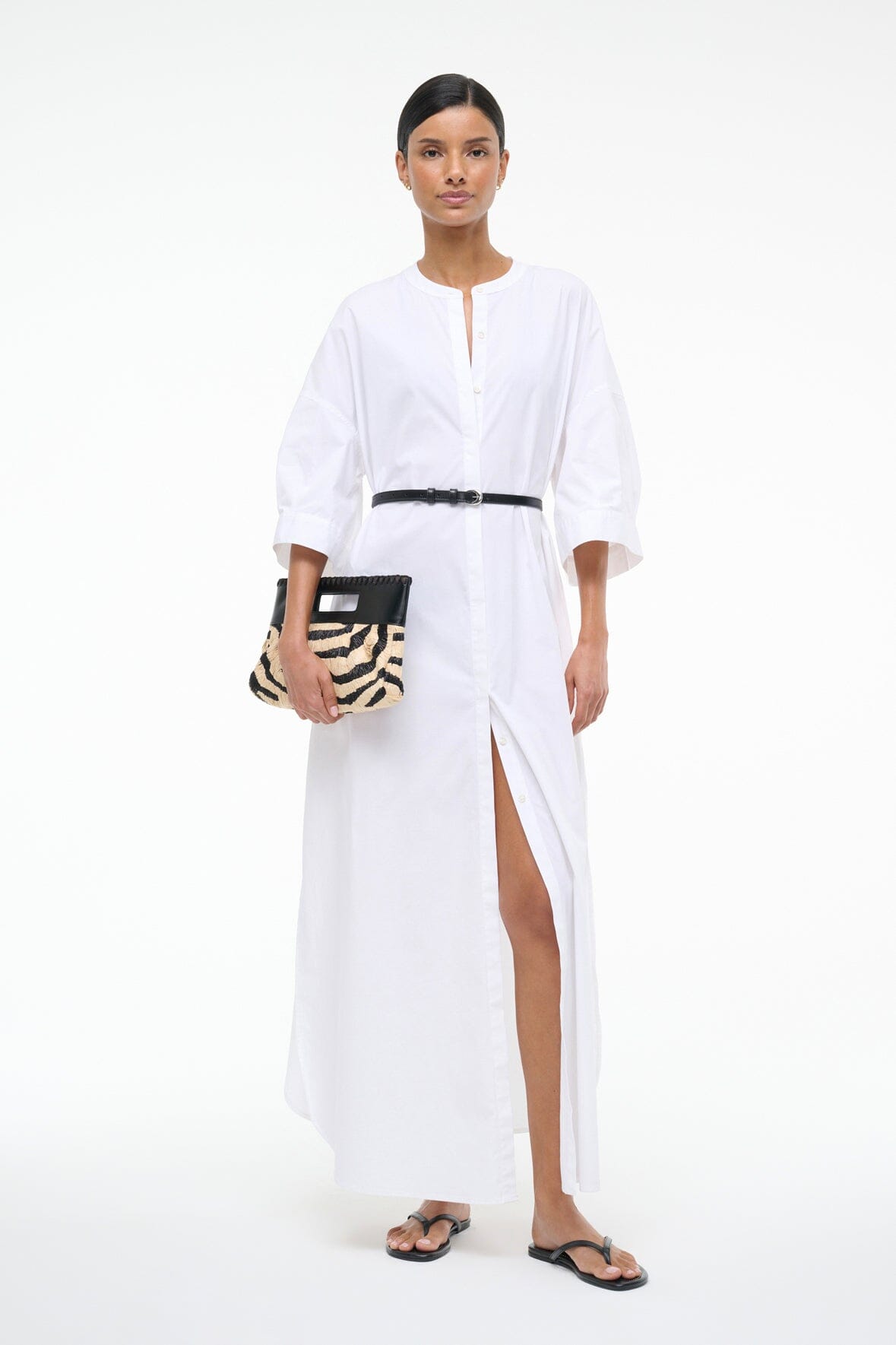 Enzo White Cotton Poplin Maxi Dress with 3/4 Sleeves