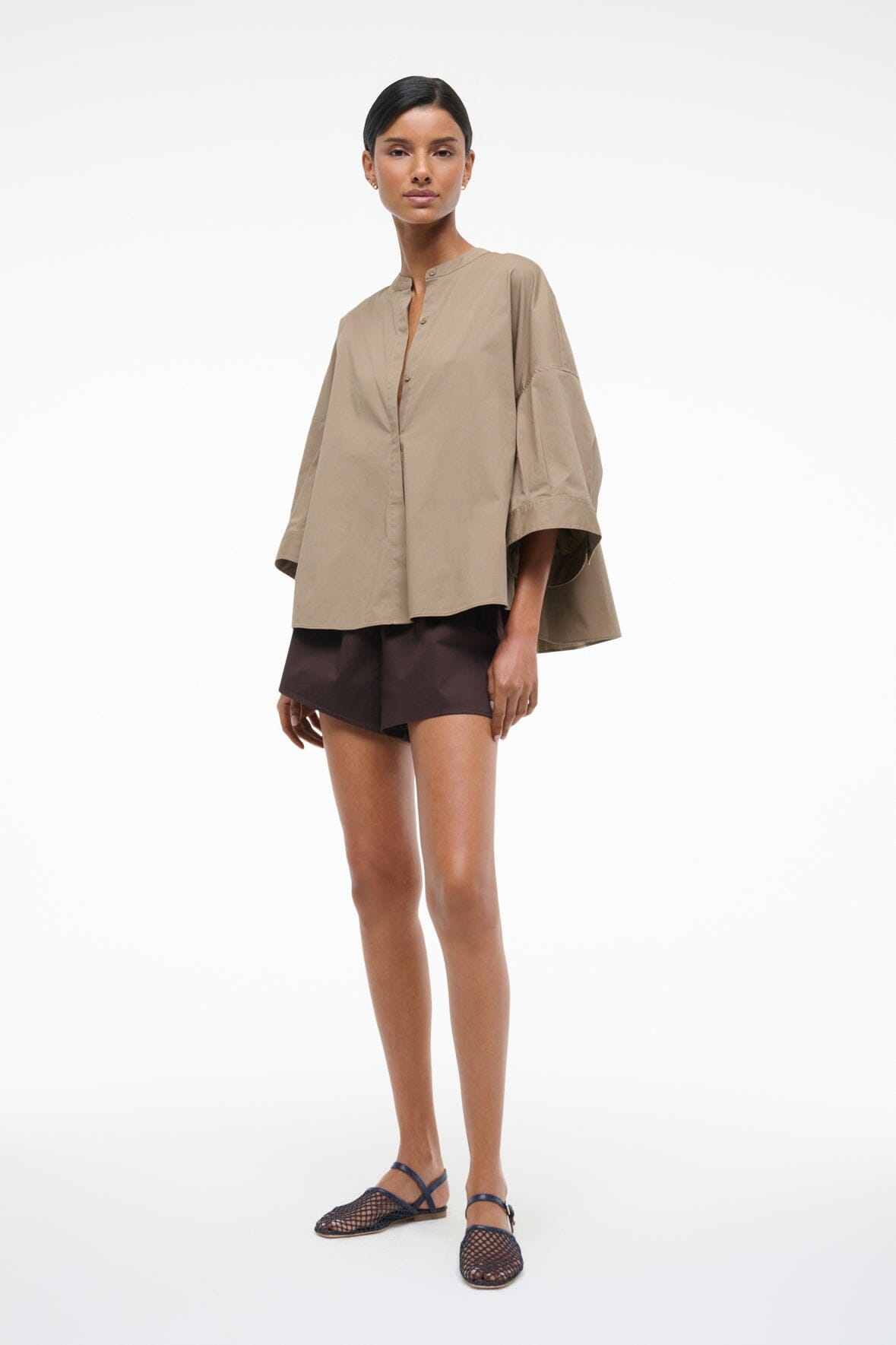 Enzo Cotton Poplin Blouse with 3/4 Sleeves & Back Gathers | Taupe