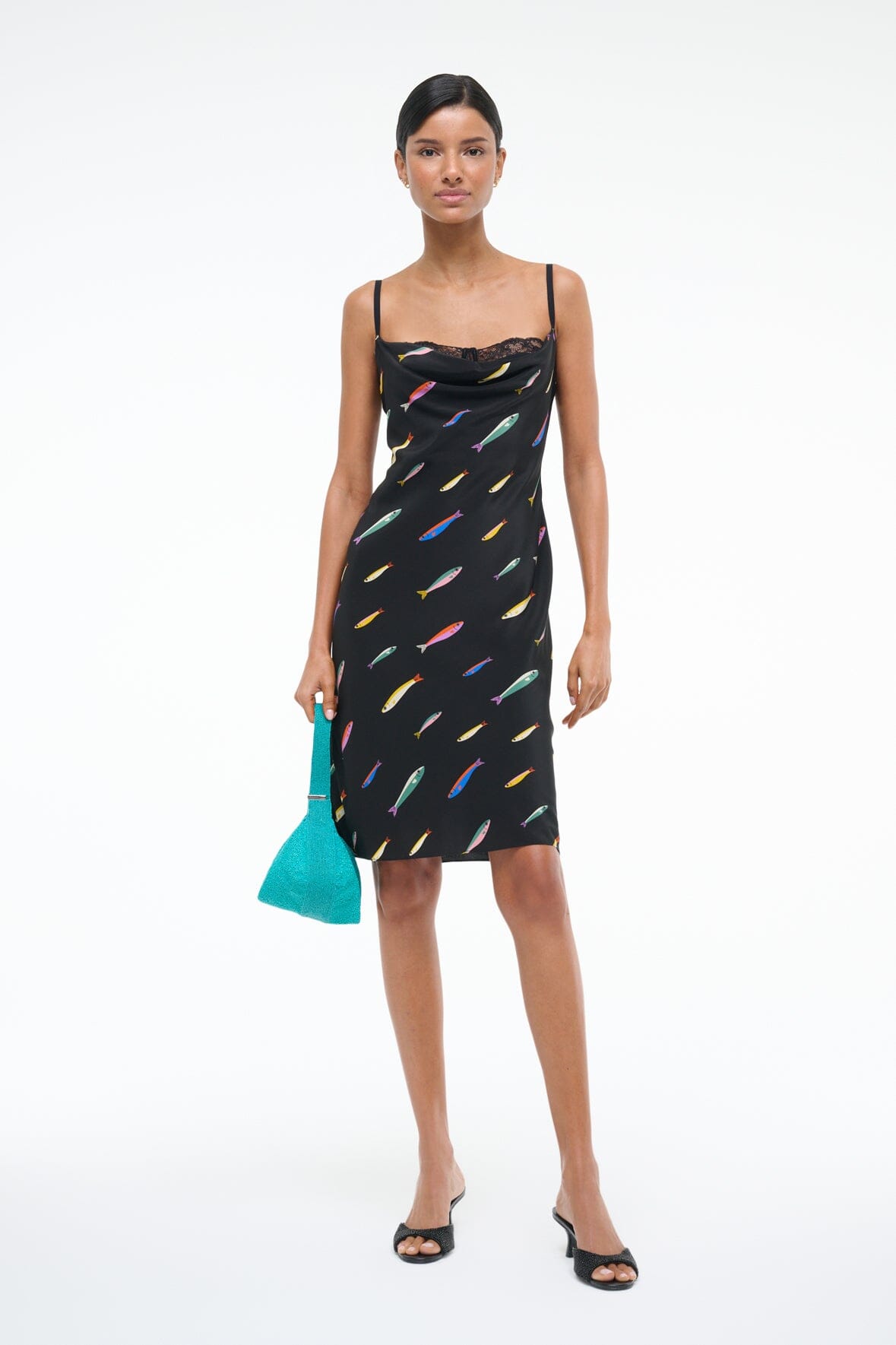 Evangeline Black Silk Cocktail Dress with Cowl Neckline