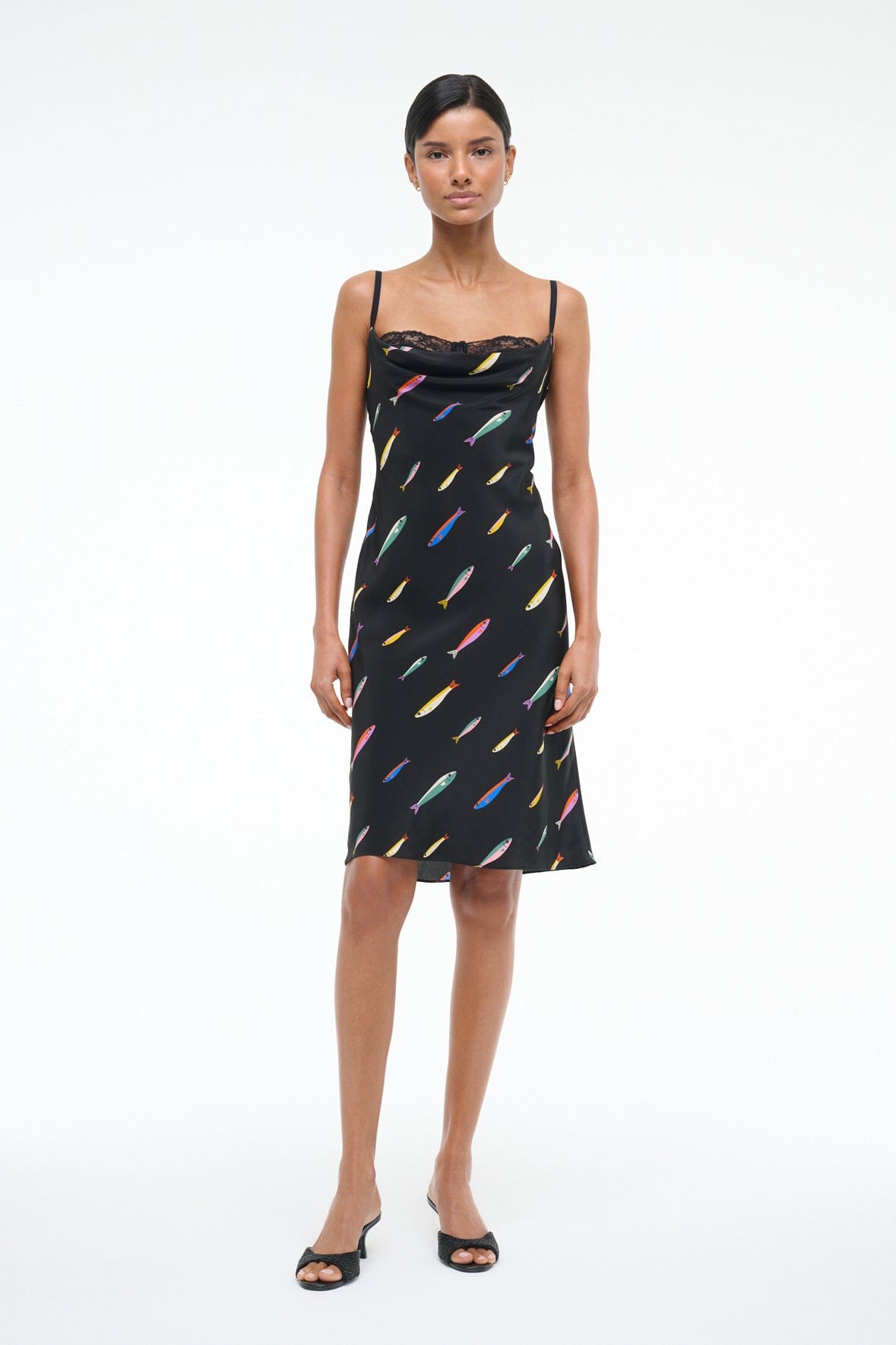 Evangeline Black Silk Cocktail Dress with Cowl Neckline