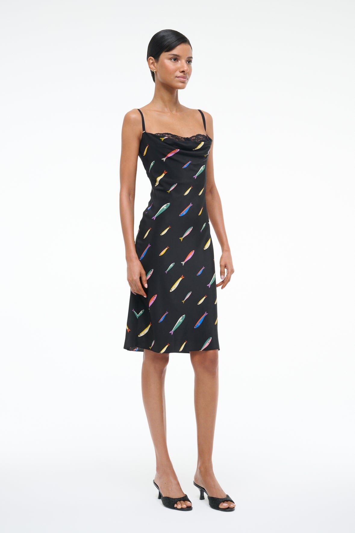 Evangeline Black Silk Cocktail Dress with Cowl Neckline