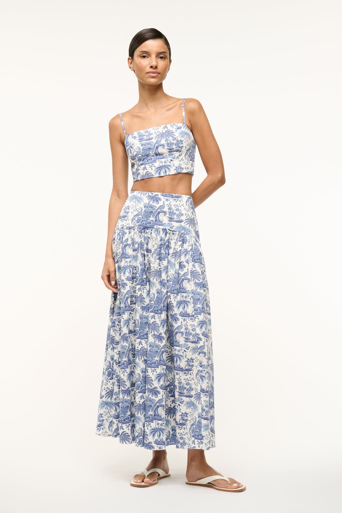 Federico Blue Toile Cropped Cotton Tank Top with Adjustable Straps