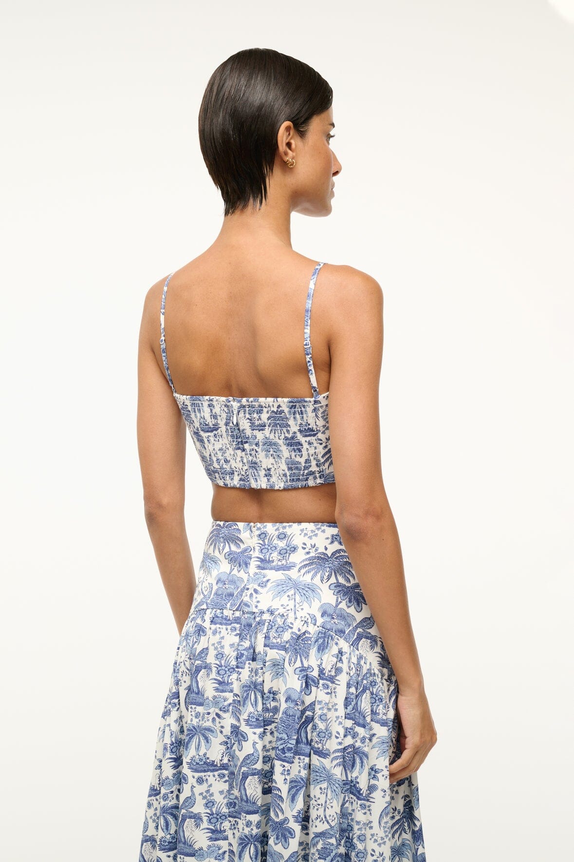 Federico Blue Toile Cropped Cotton Tank Top with Adjustable Straps