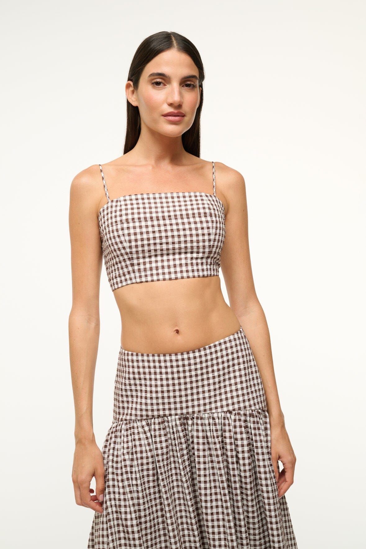 Federico Cropped Cotton Tank Top with Adjustable Straps - Dark Chocolate Gingham