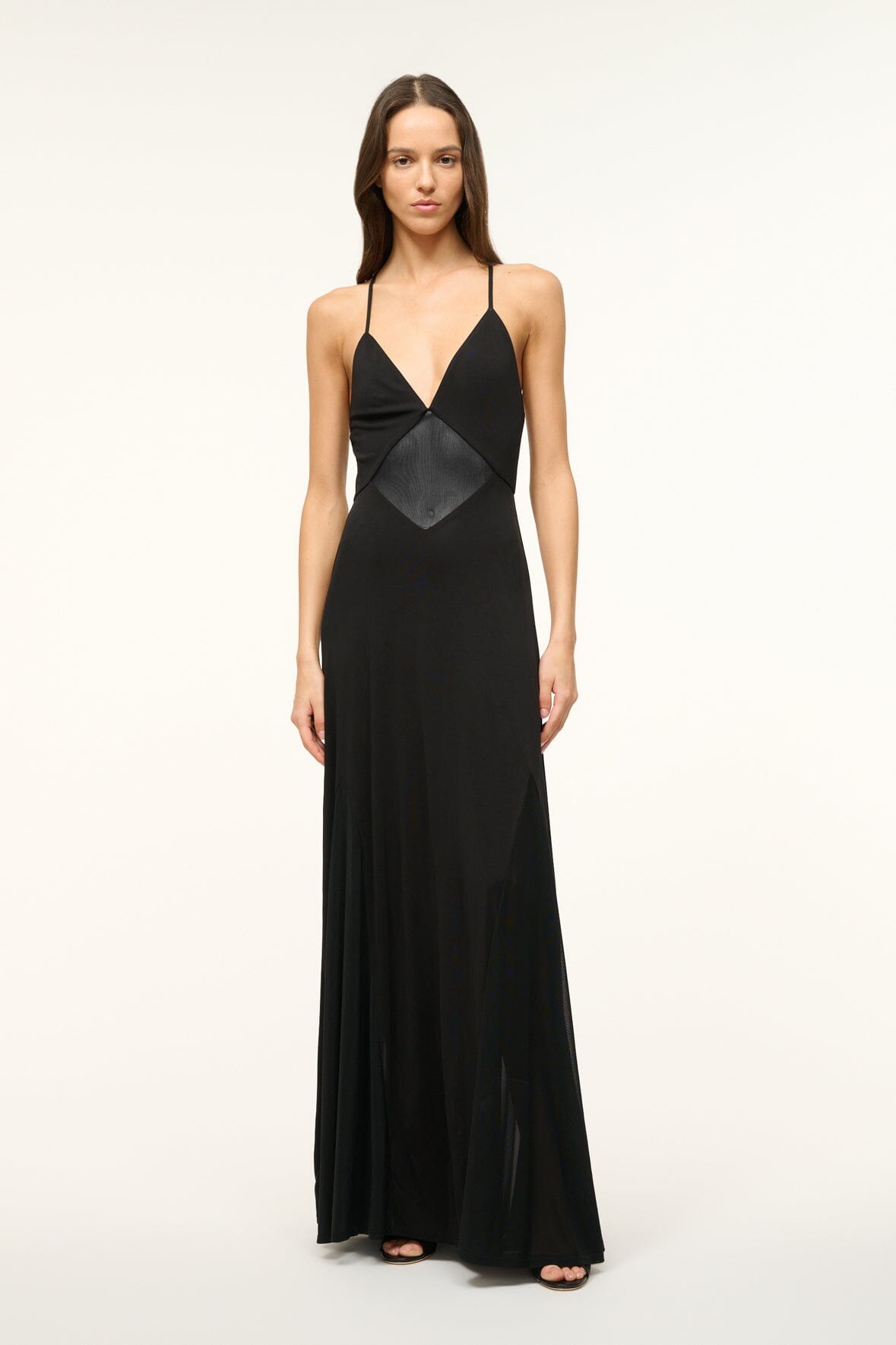 Black Fleur Maxi Dress with V-Neck & Mesh Panels