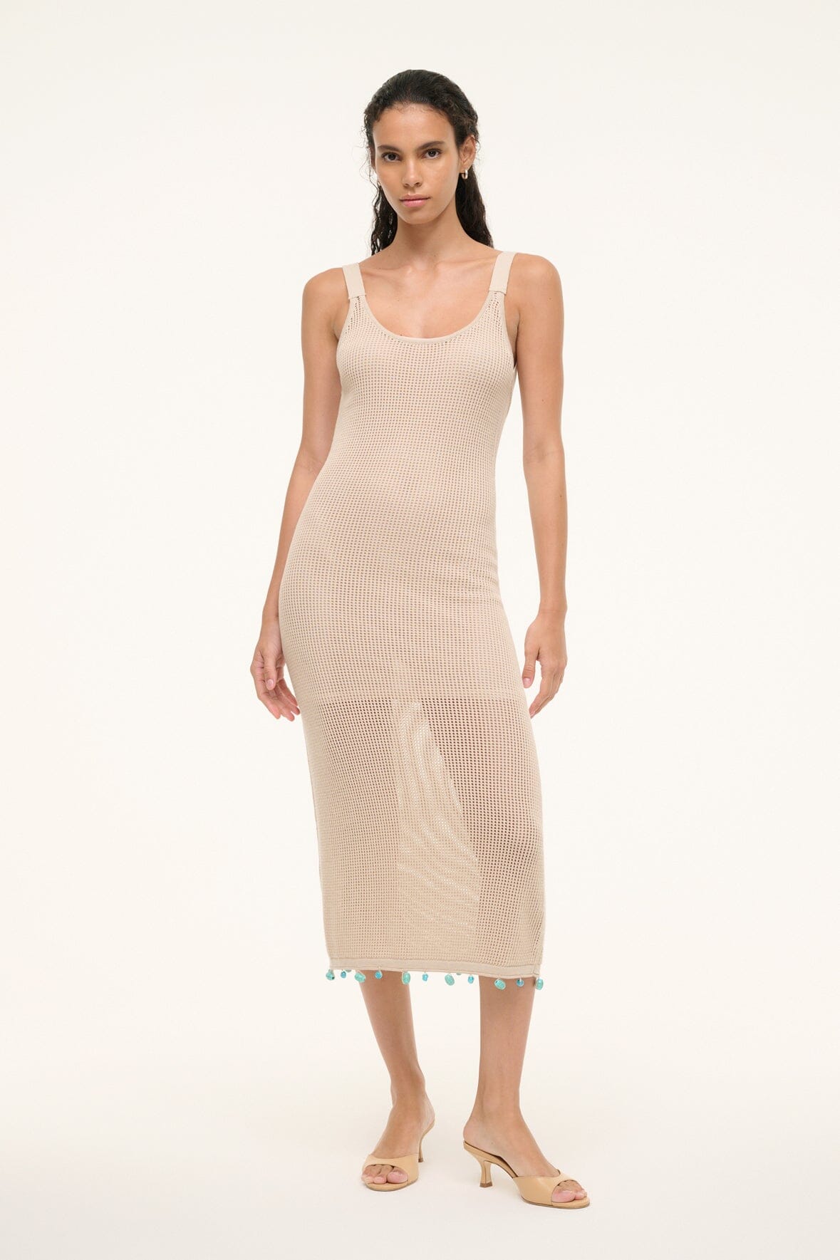 Floria Natural Scoop Neck Mini Dress with Turquoise Beads