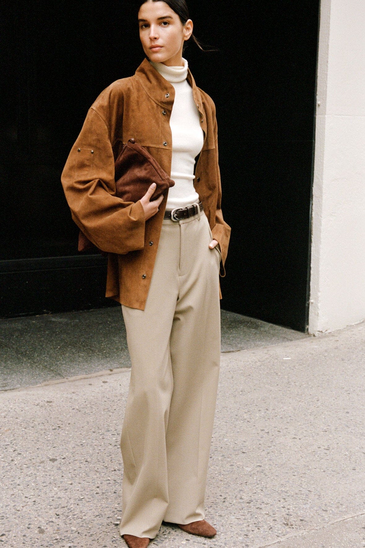 Tan Suede Oversized Jacket - Boxy Fit with Standing Collar