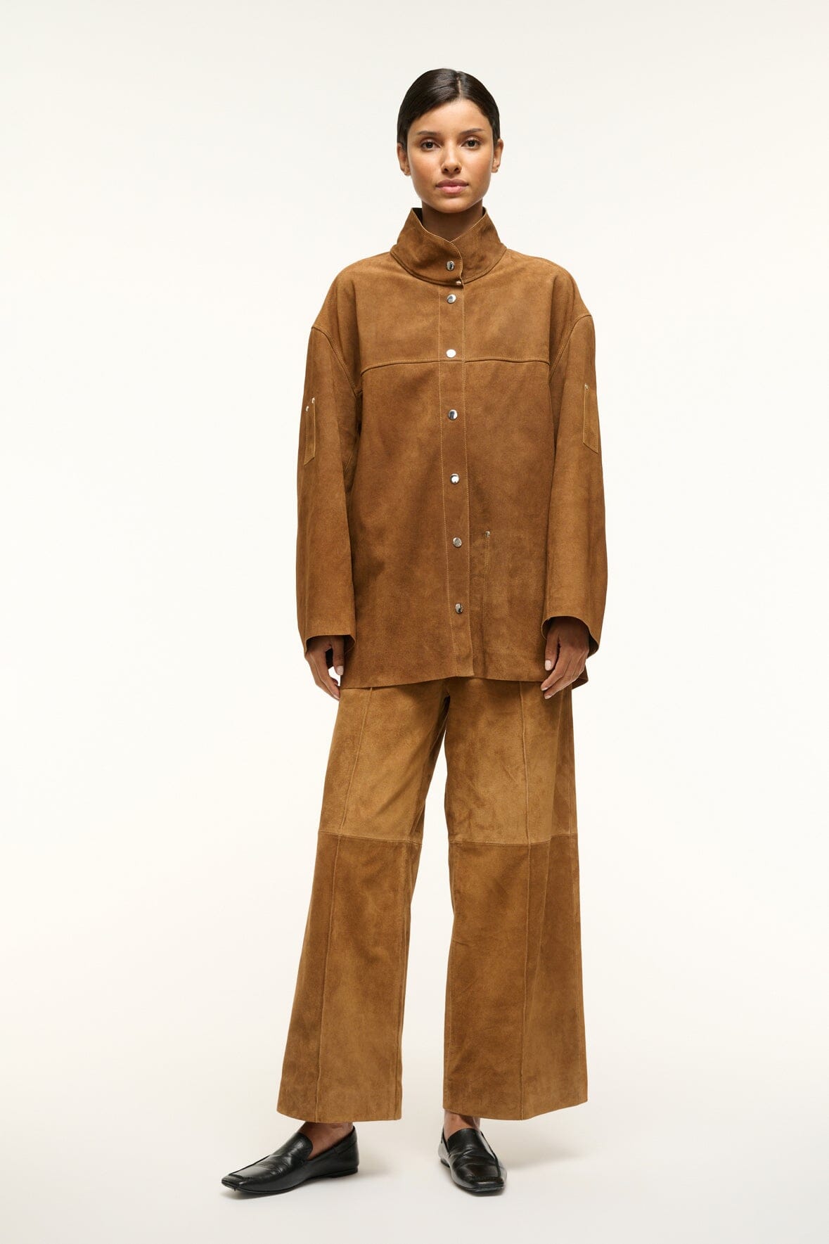 Tan Suede Oversized Jacket - Boxy Fit with Standing Collar