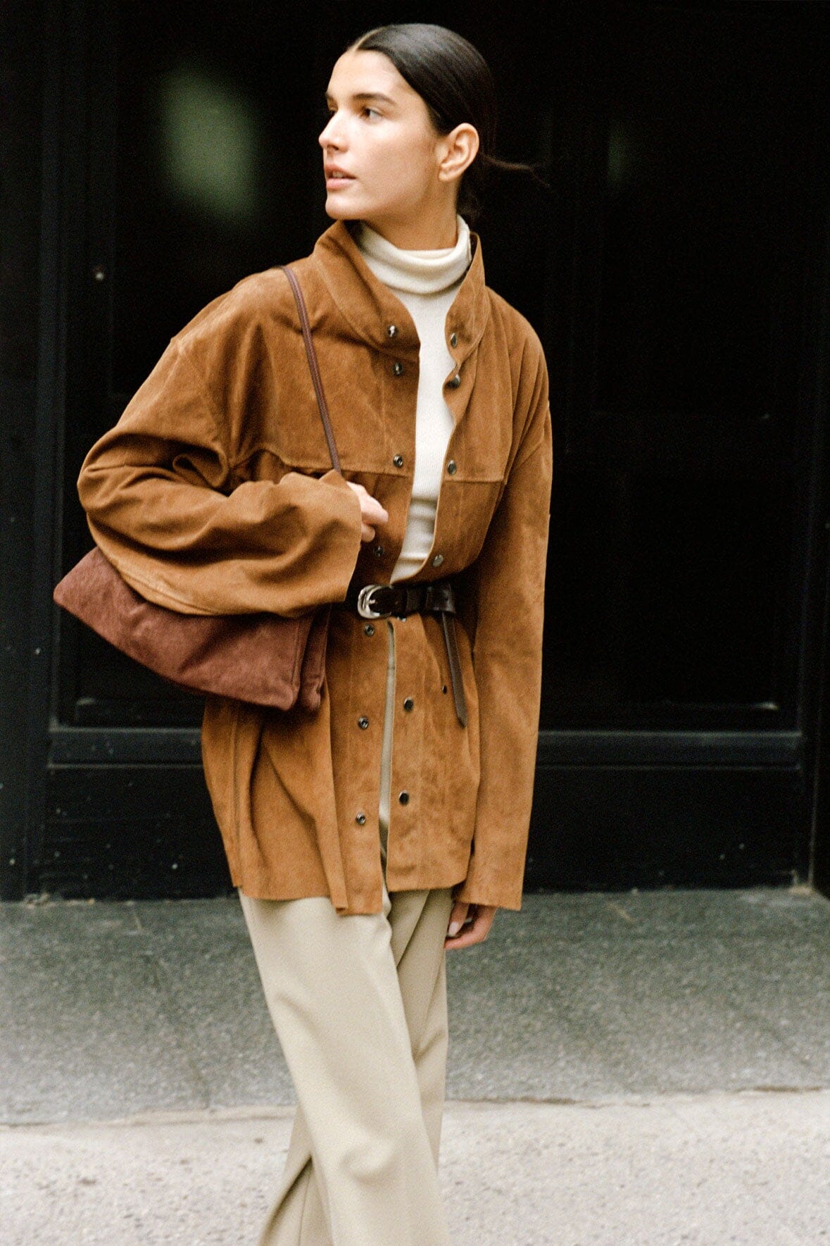Tan Suede Oversized Jacket - Boxy Fit with Standing Collar