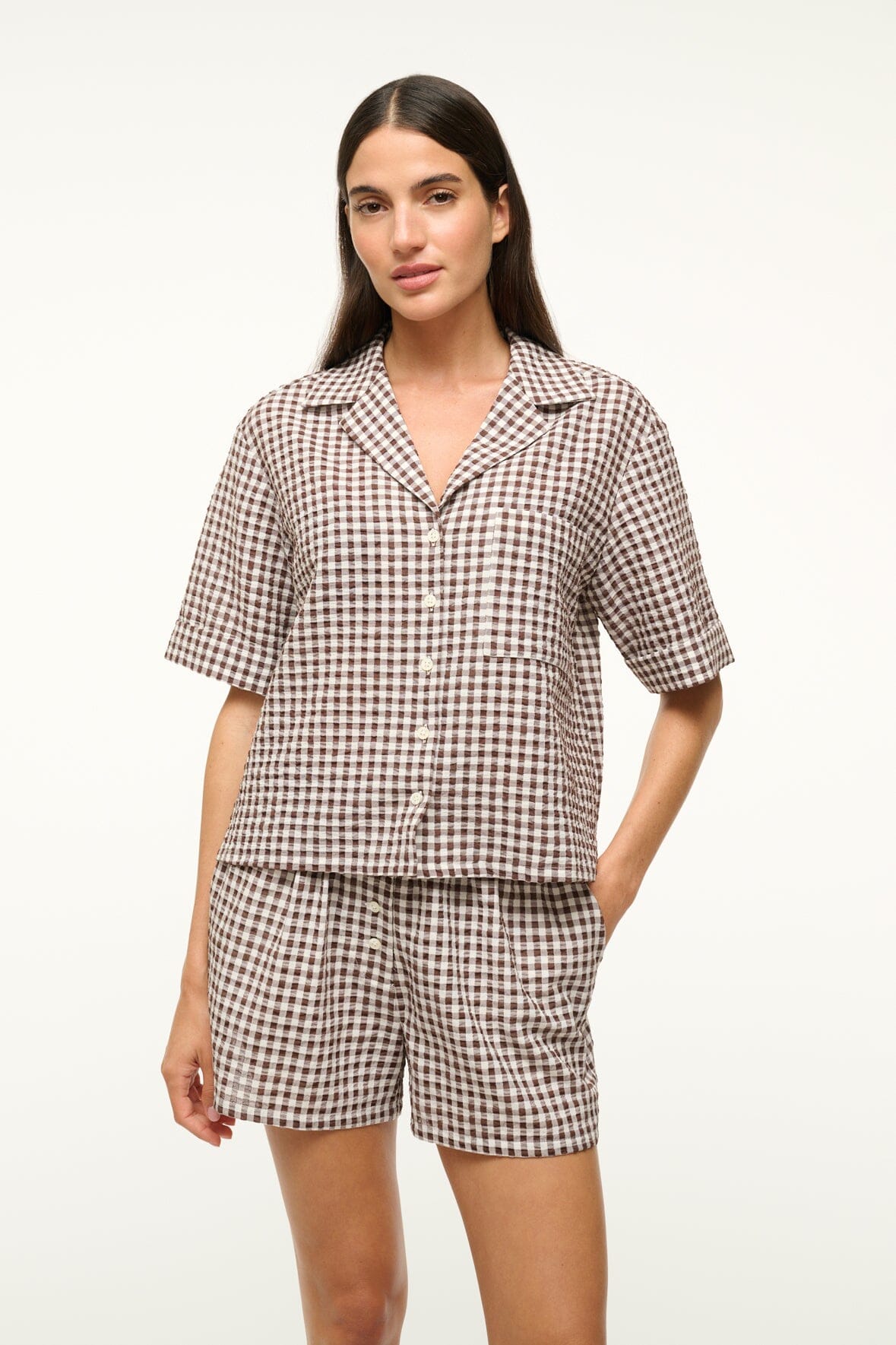 Gabi Cotton Seersucker Coverup Shorts - Dark Chocolate Gingham