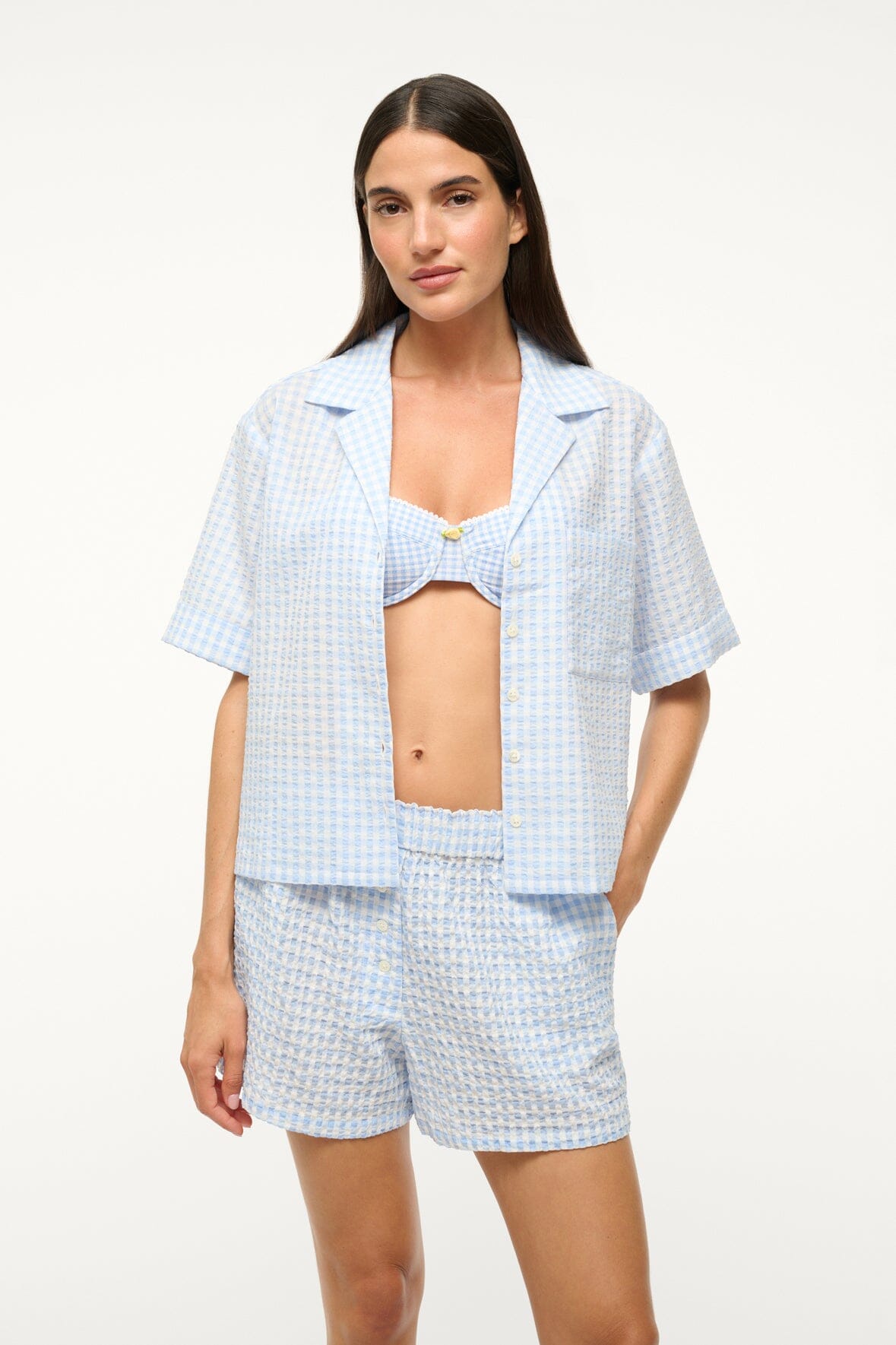 Gabi Cotton Blend Coverup Shorts with Pockets - Sky Gingham