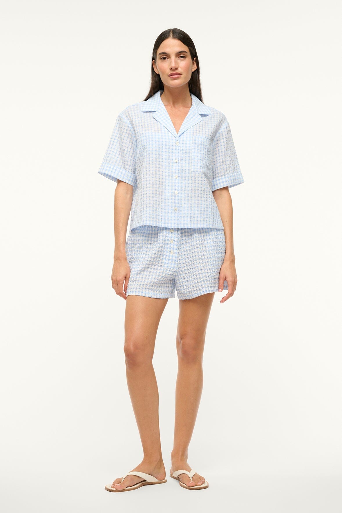 Gabi Cotton Blend Coverup Shorts with Pockets - Sky Gingham