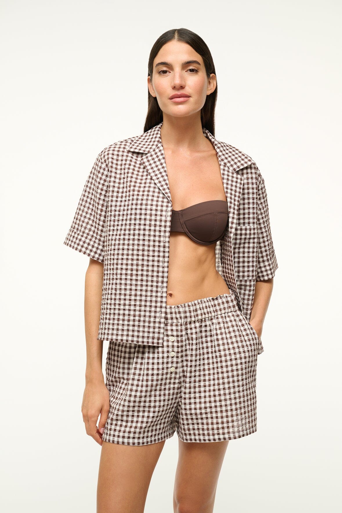 Gabi Seersucker Button Down Shirt - Dark Chocolate Gingham Coverup