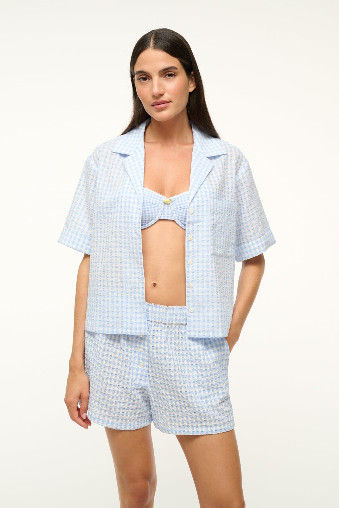 Gabi Seersucker Button Down Shirt - Boxy Fit Sky Gingham Coverup