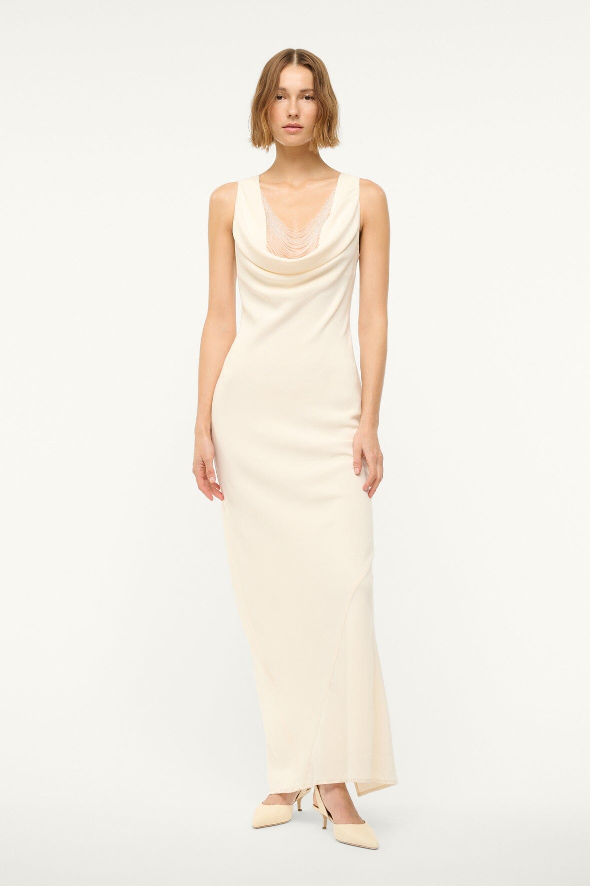 Ivory Gia Maxi Dress with Cowl Neck & Crystal Details