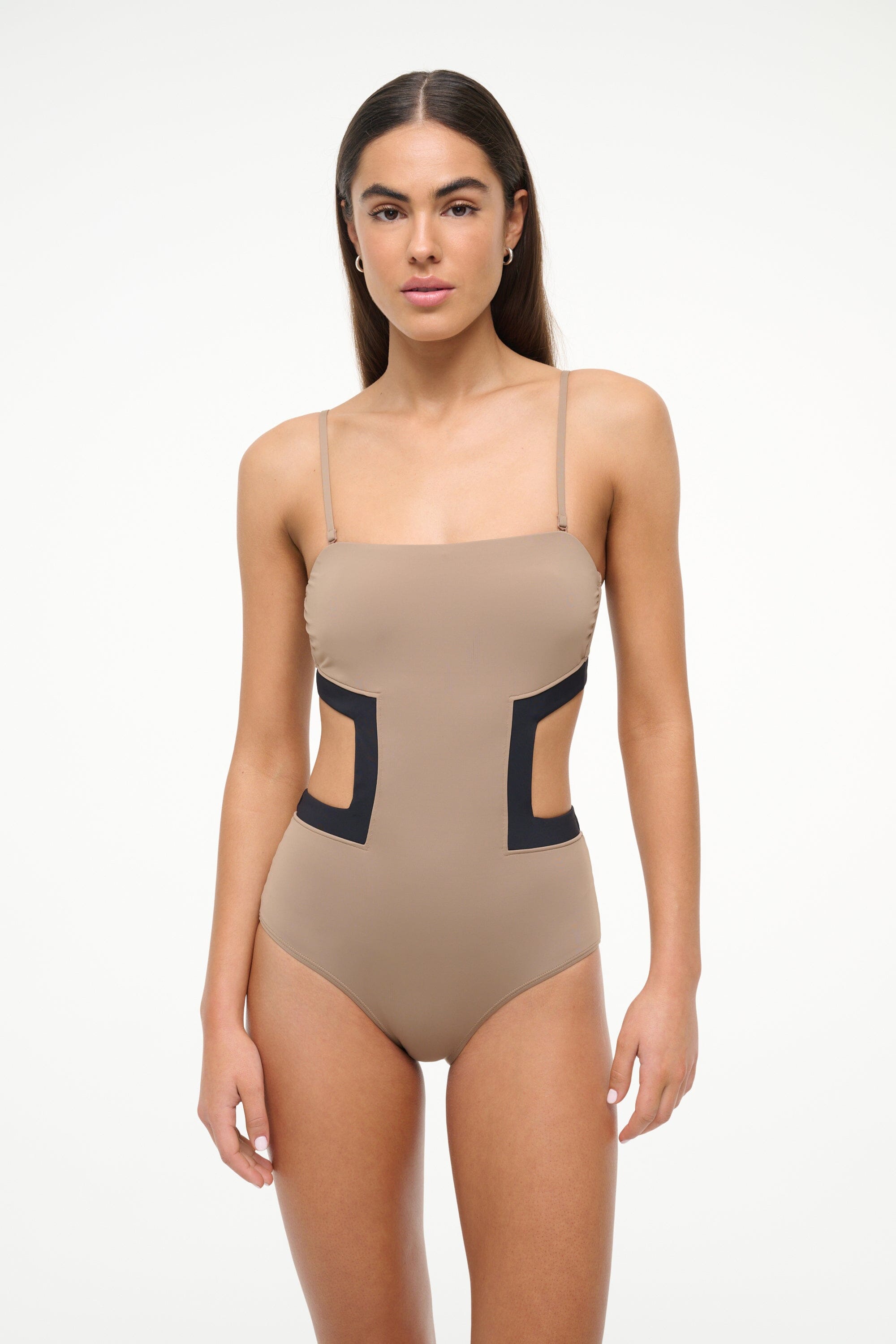 Haiku One Piece Swimsuit with Geometric Cut-Outs - Taupe & Black