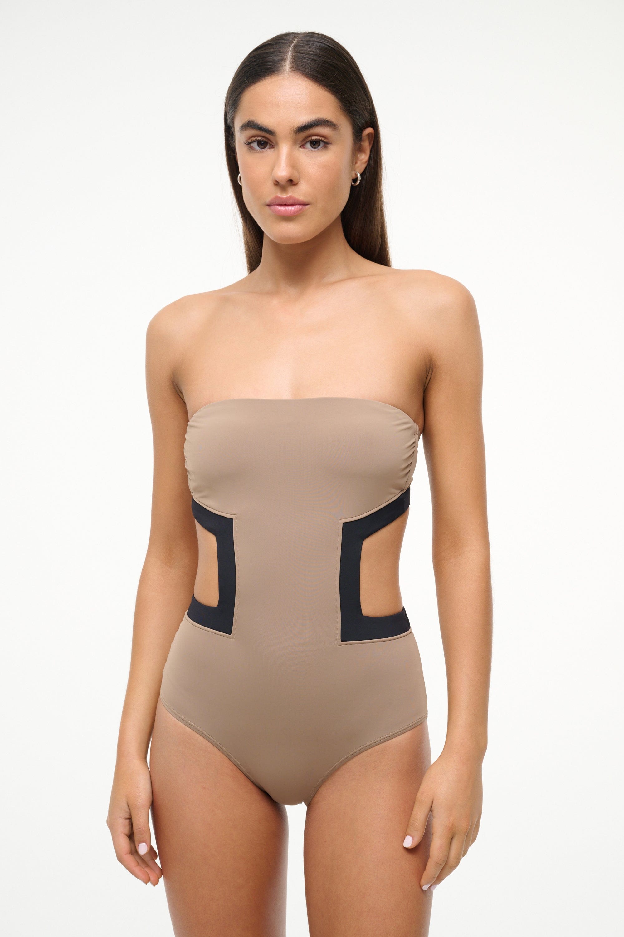 Haiku One Piece Swimsuit with Geometric Cut-Outs - Taupe & Black