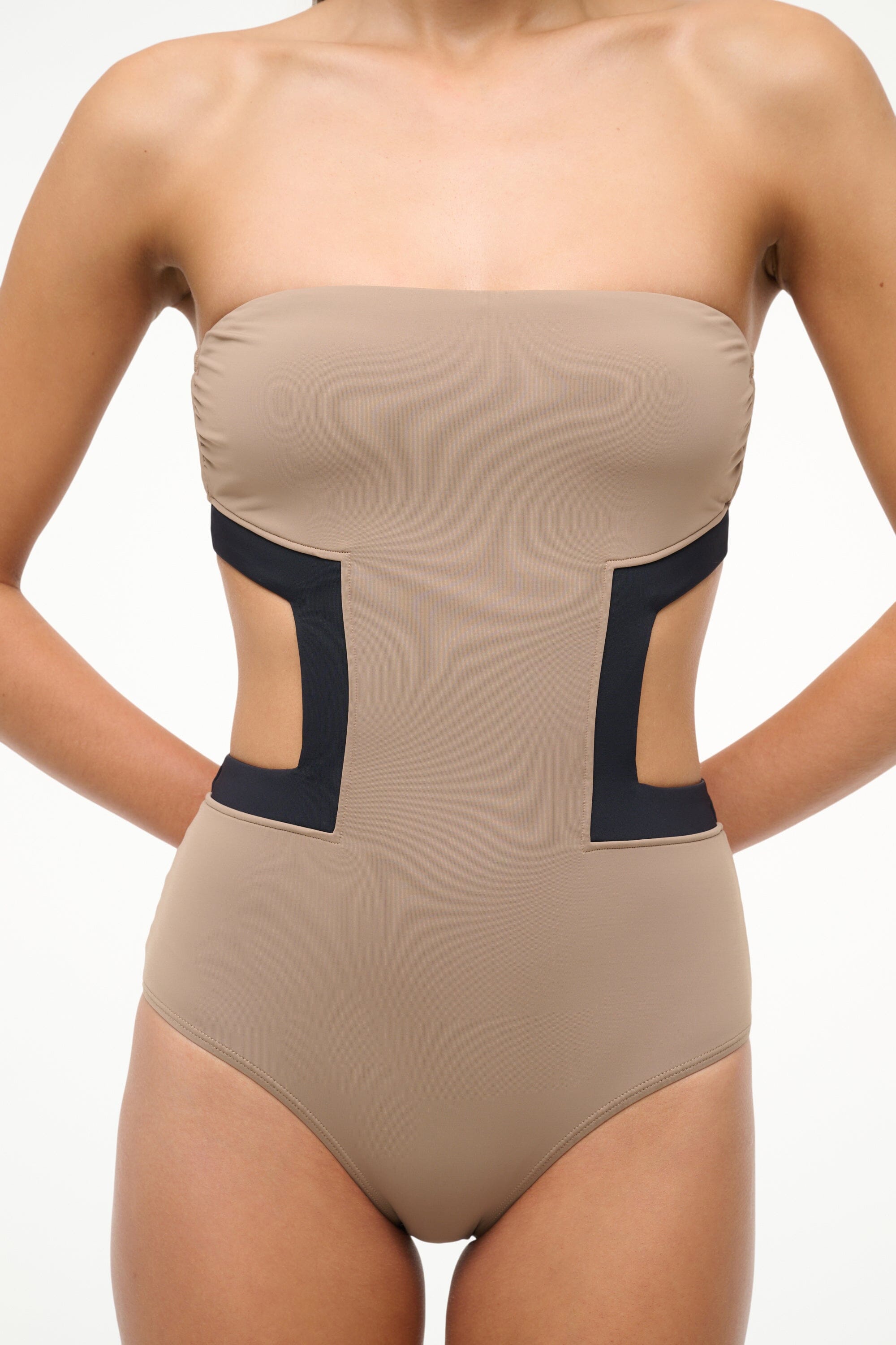 Haiku One Piece Swimsuit with Geometric Cut-Outs - Taupe & Black