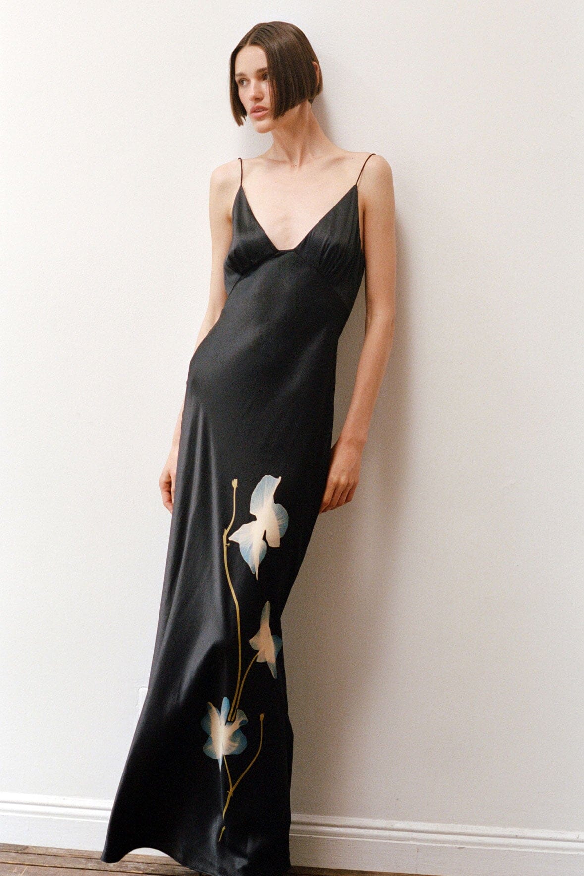 Hank Silk Satin Maxi Dress with V-Neck & Spaghetti Straps