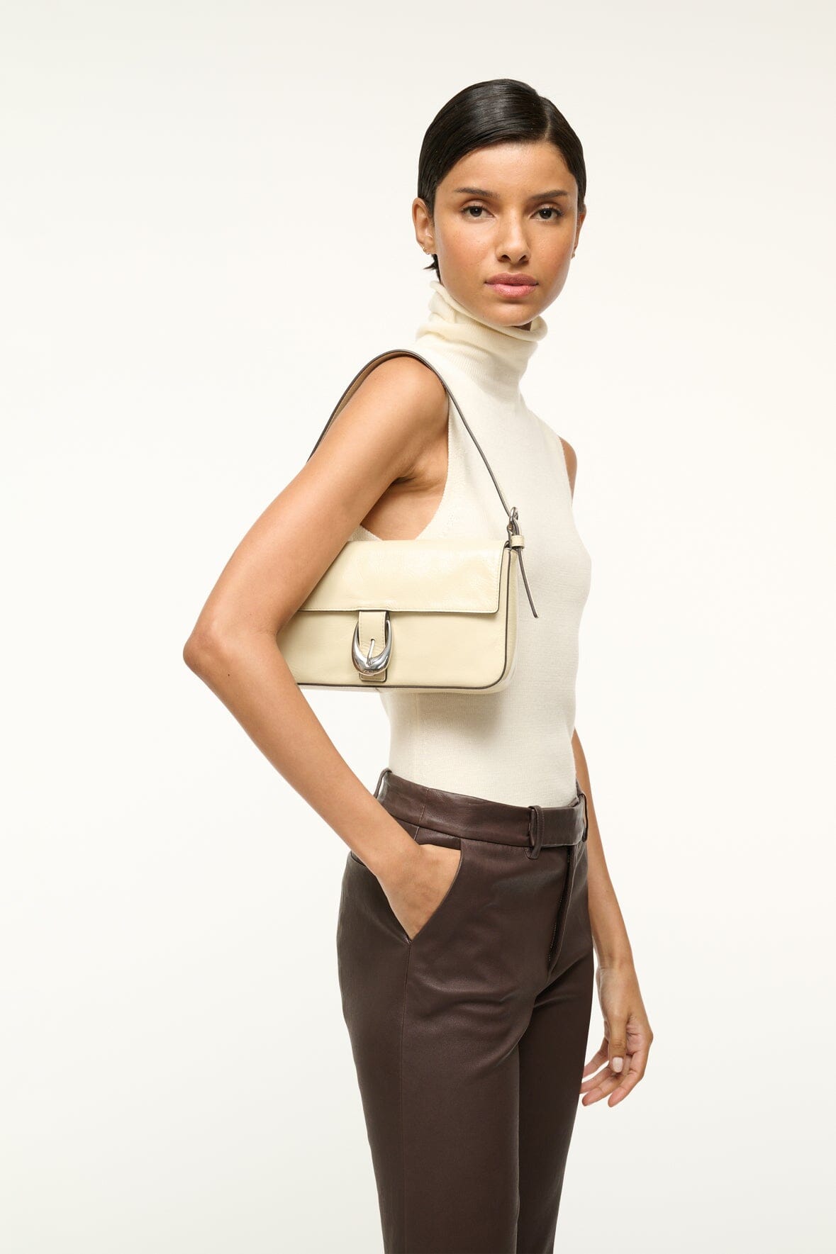 Harlow Leather Shoulder Bag with Moon Buckle in Cream