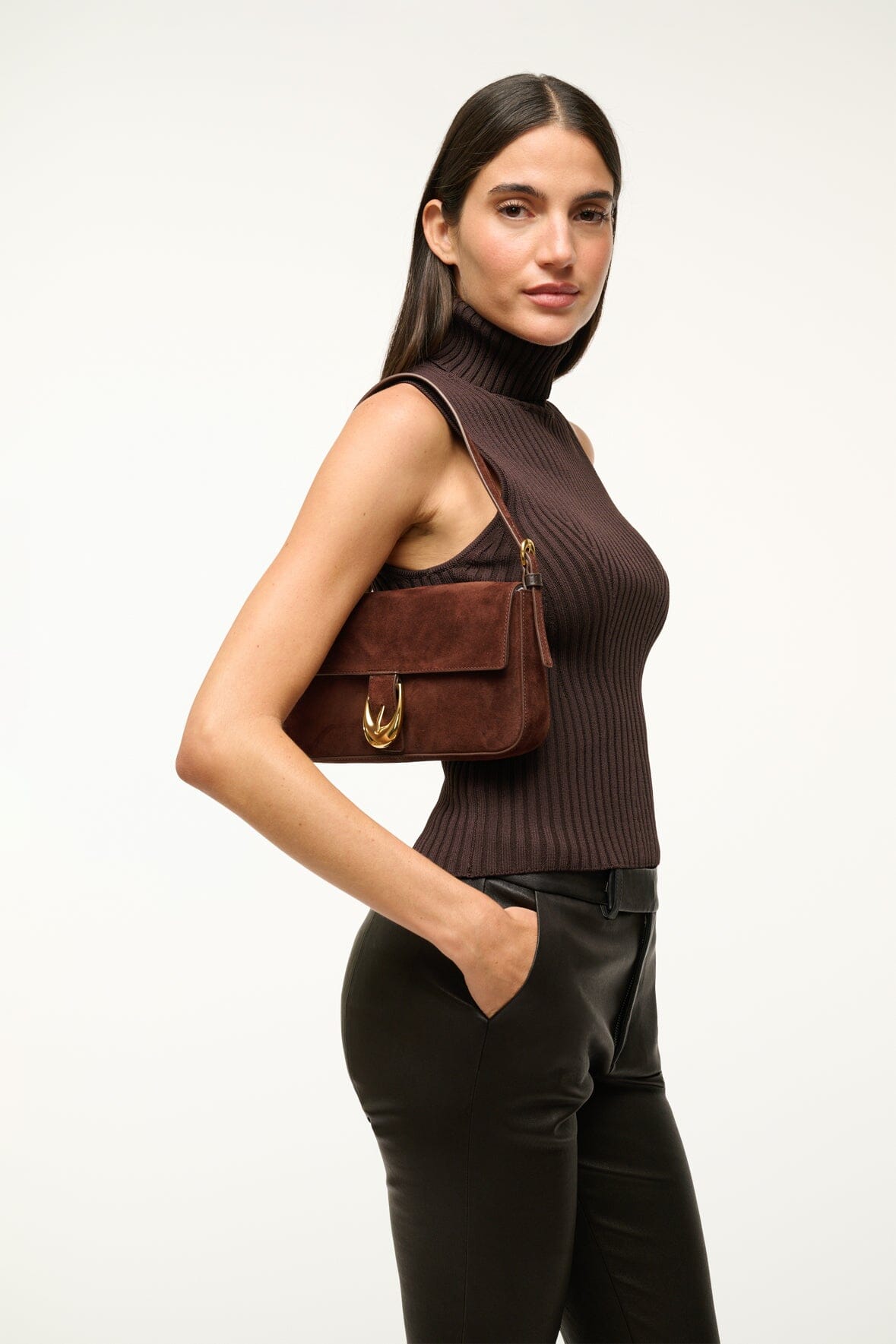 Harlow Shoulder Bag with Moon Buckle in Mahogany Suede