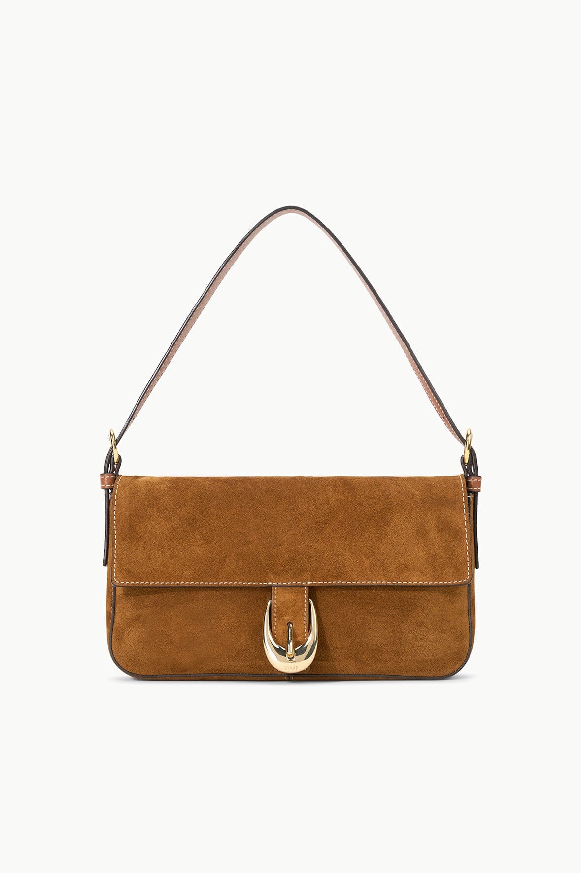 Harlow Tan Suede Shoulder Bag with Moon Buckle Hardware