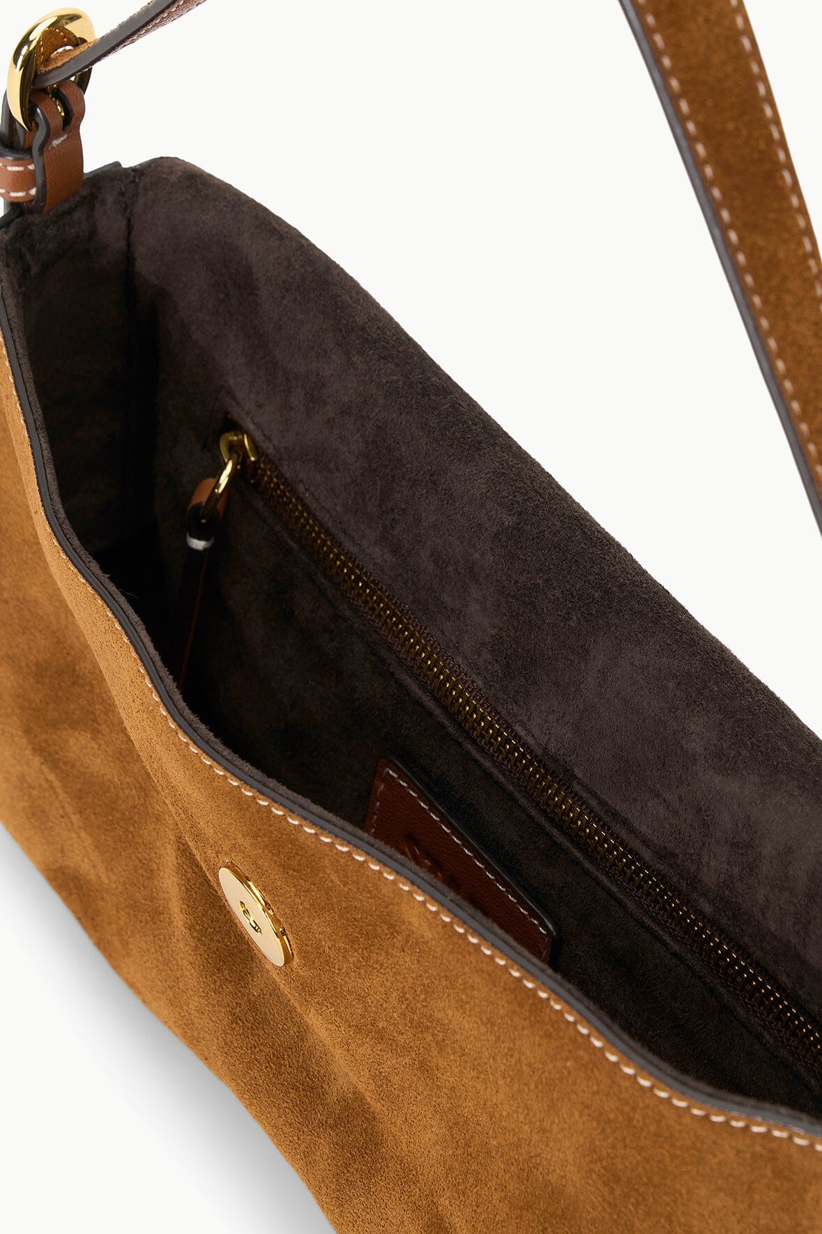 Harlow Tan Suede Shoulder Bag with Moon Buckle Hardware