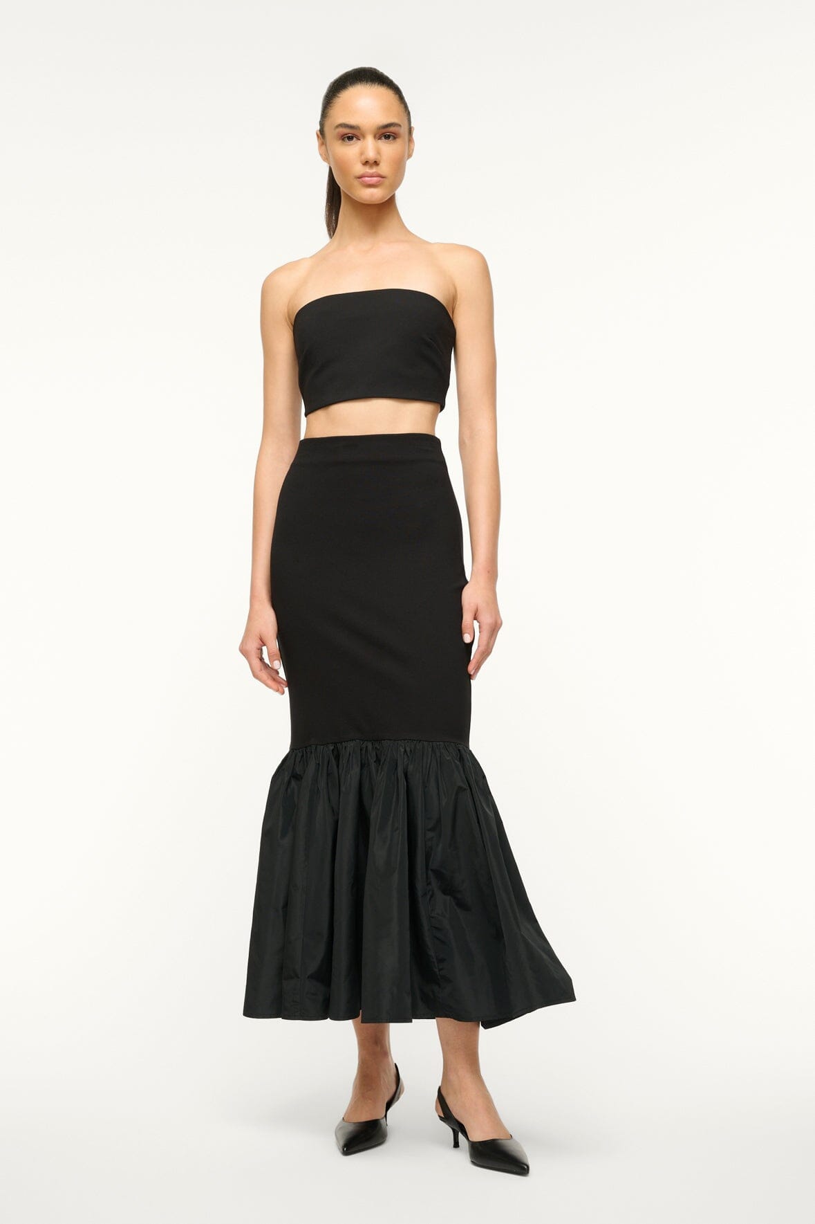 Black Ponte Knit High-Rise Maxi Skirt with Ruffle Tier - Hawthorne