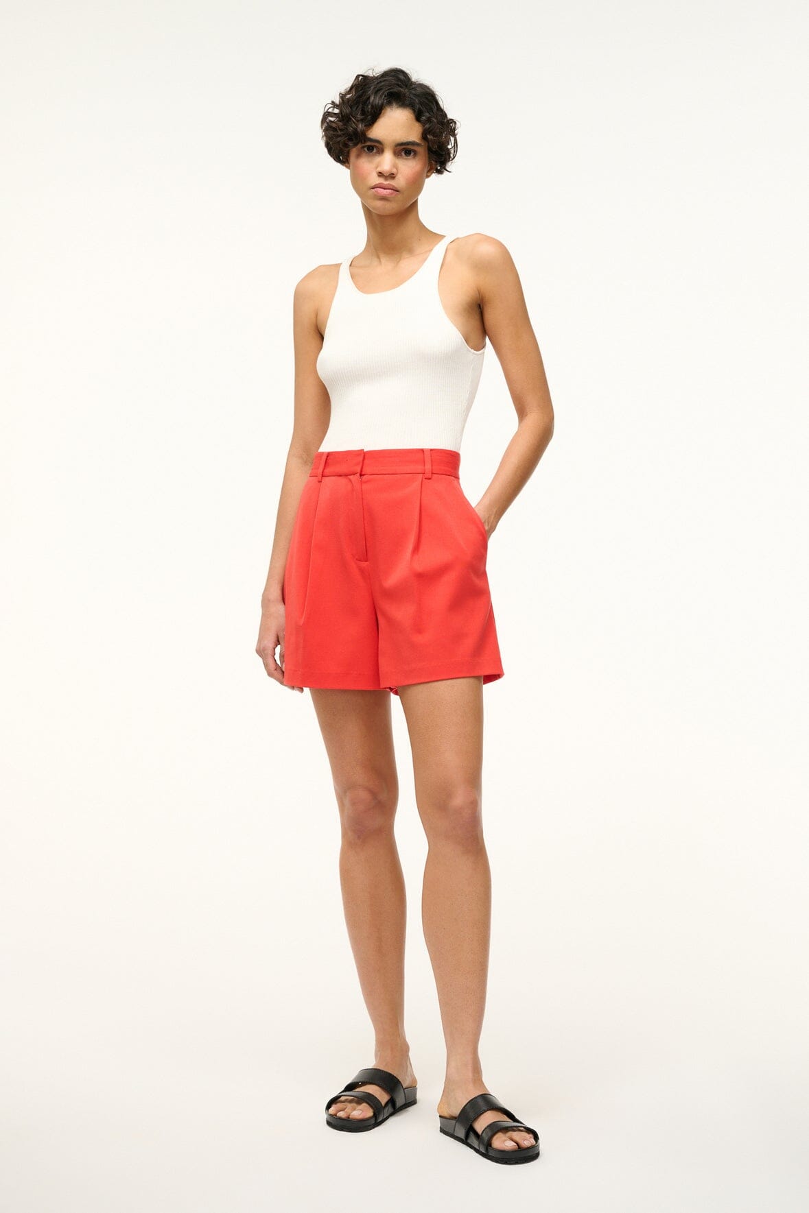 High Waisted Heather Short in Tomato - Soft Suiting Fabric with Front Pleats