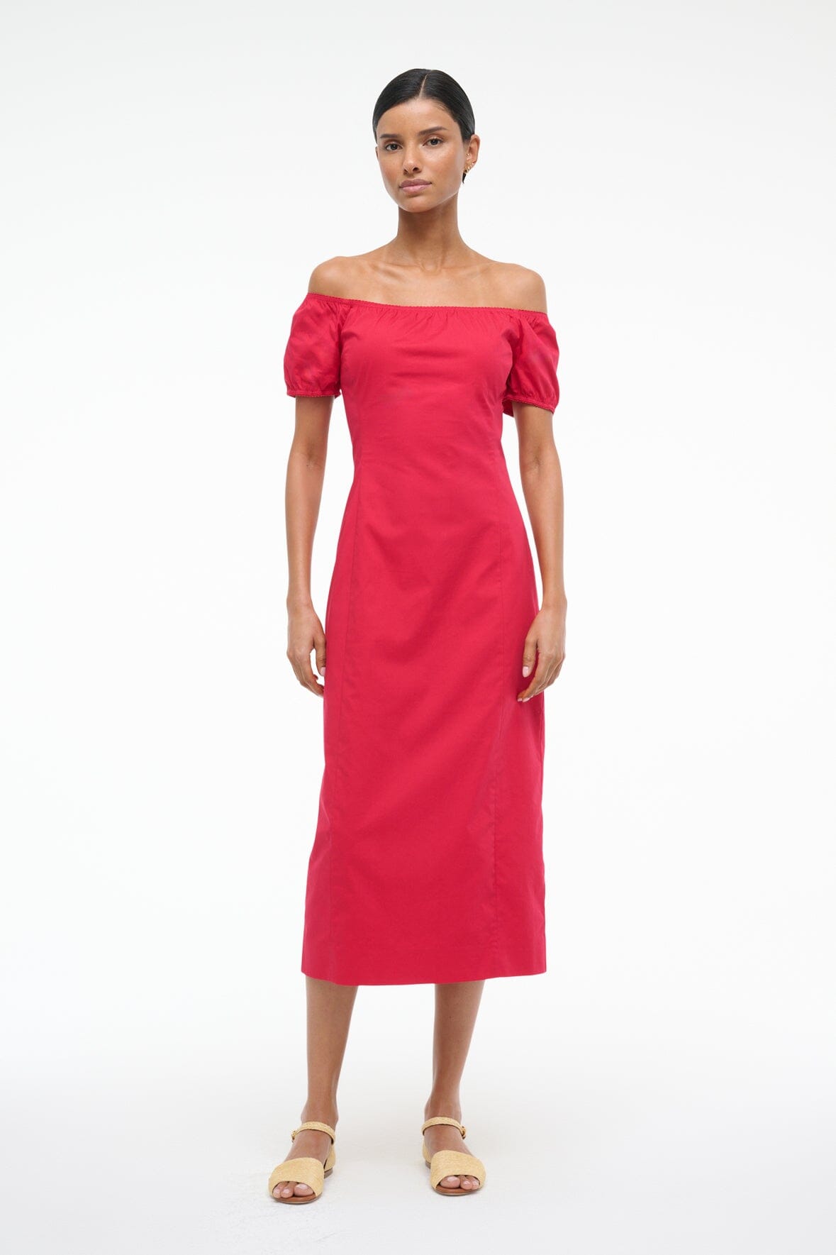 Helene Off-the-Shoulder Midi Dress with Back Slit - Cherry