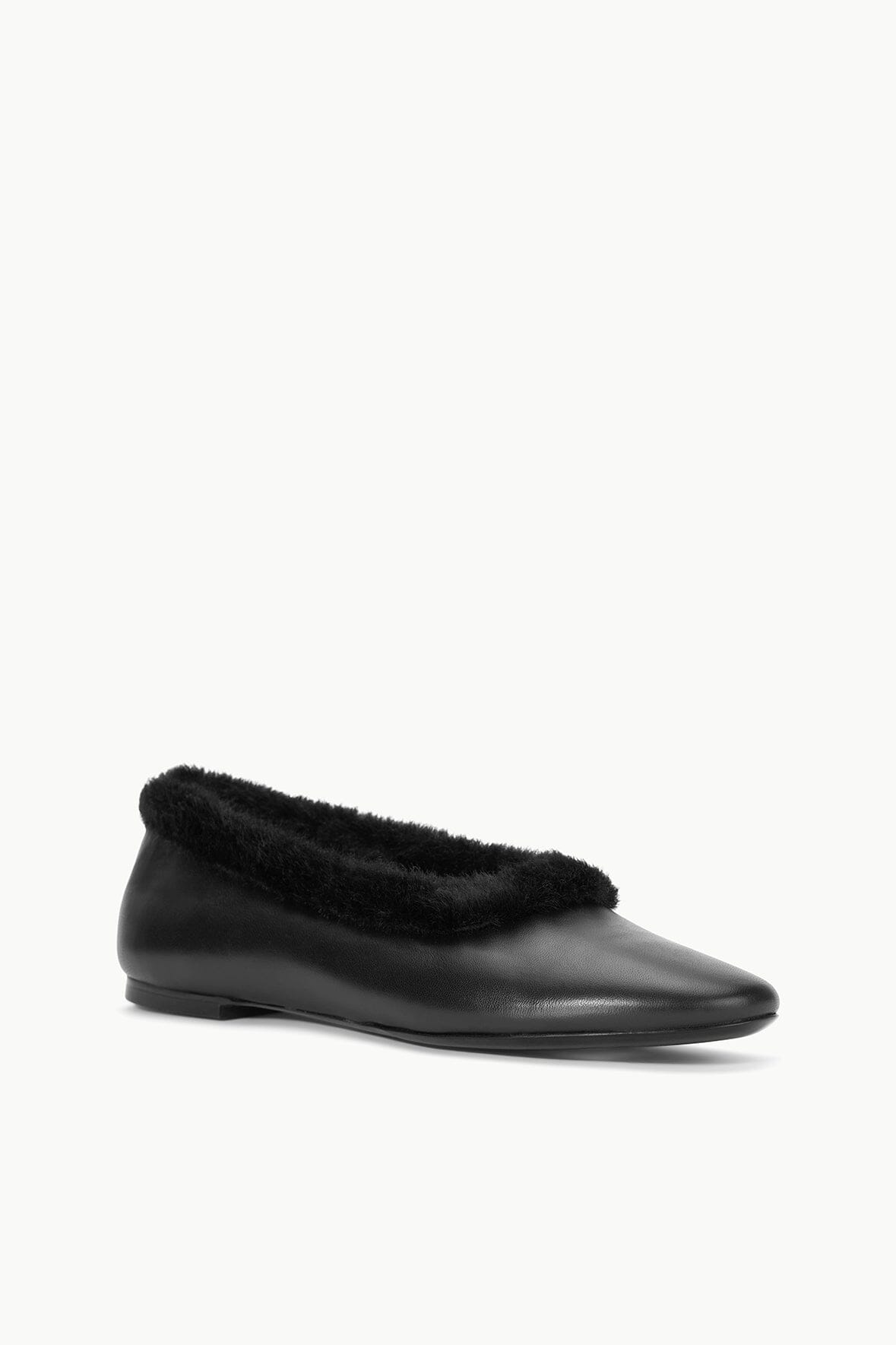 Alba Black Faux Fur Trim Ballet Flats | Nappa Leather