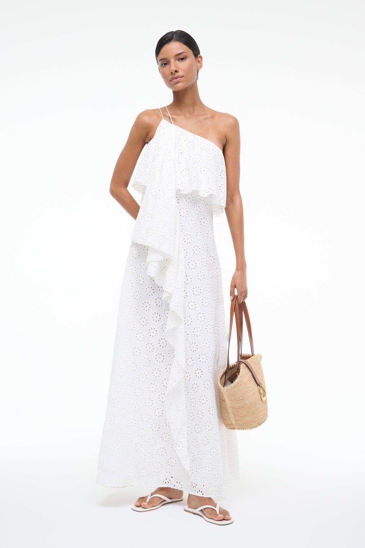 White Eyelet Isa Dress - Asymmetrical One Shoulder Ruffled Design