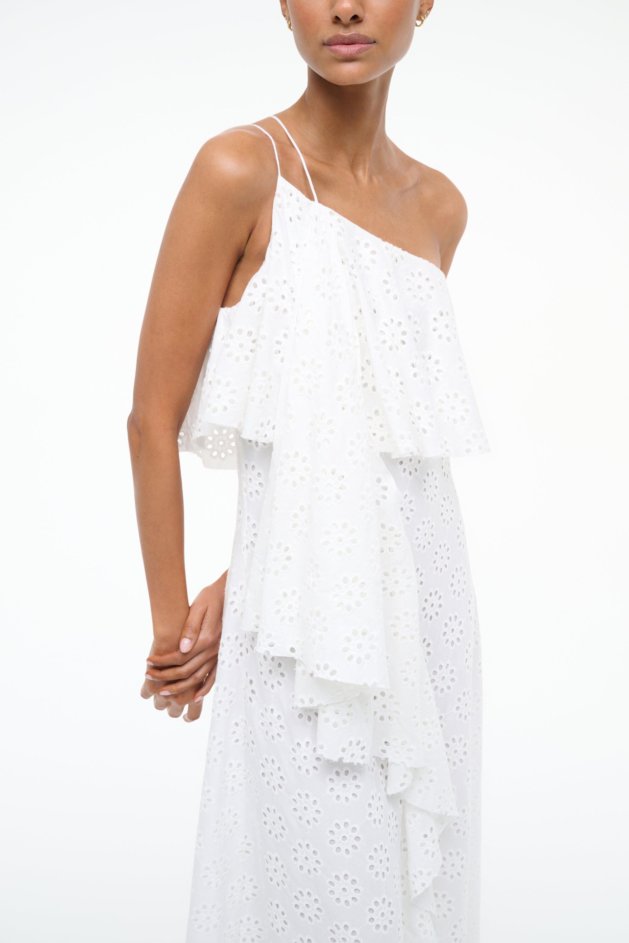 White Eyelet Isa Dress - Asymmetrical One Shoulder Ruffled Design