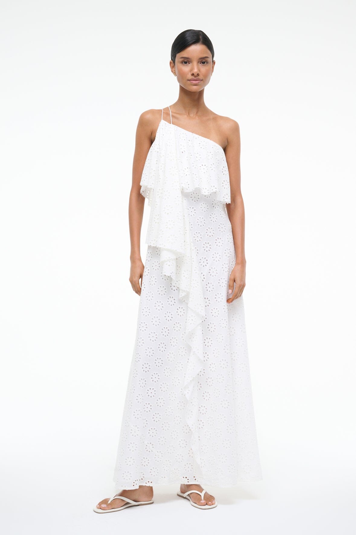 White Eyelet Isa Dress - Asymmetrical One Shoulder Ruffled Design