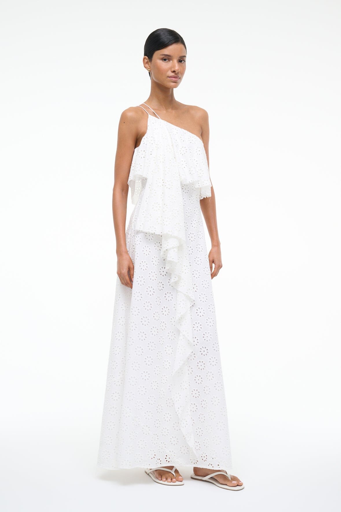 White Eyelet Isa Dress - Asymmetrical One Shoulder Ruffled Design