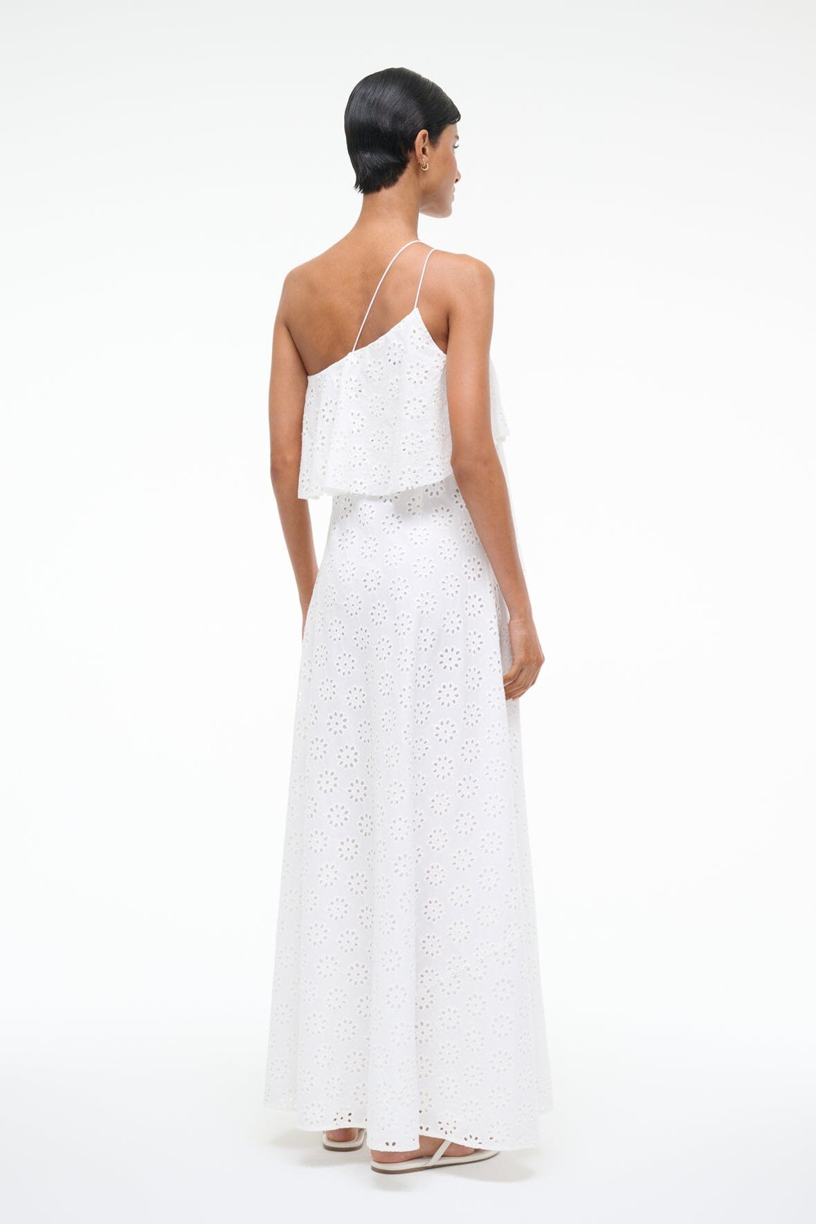 White Eyelet Isa Dress - Asymmetrical One Shoulder Ruffled Design