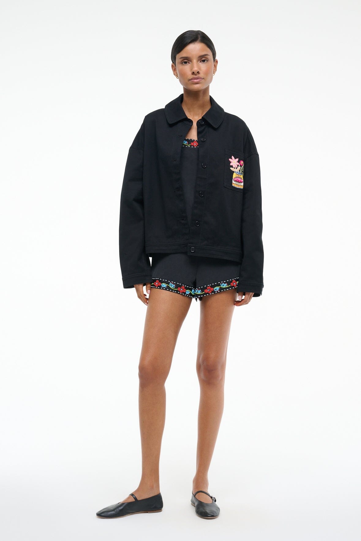 Black Utility Jacket with Embroidered Motif – Jane Jacket
