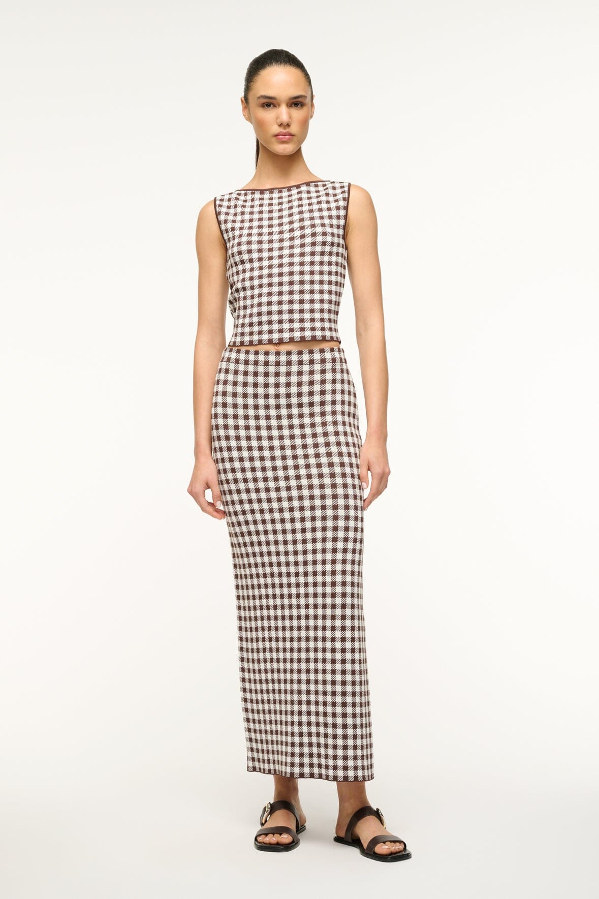 Karina Stretch Knit Gingham Skirt with Side Slit | Dark Chocolate
